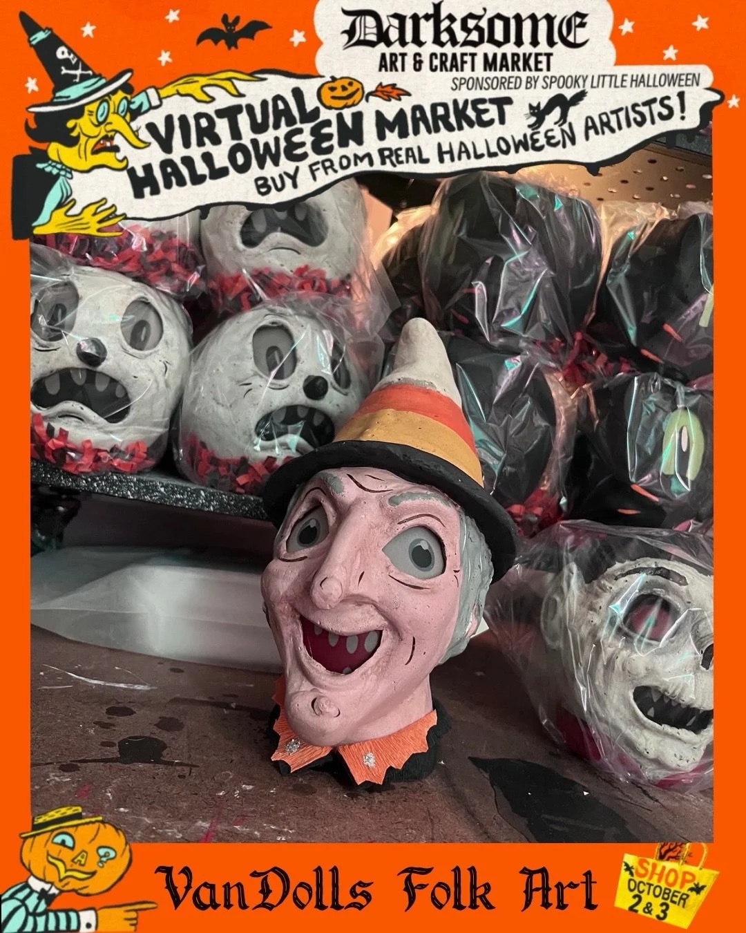 ᐯIᖇTᑌᗩᒪ ᕼᗩᒪᒪOᗯEEᑎ ᗩᖇT ᗰᗩᖇKET 🎃 Artist Announcement 🎙️ @vandolls_folkart 

My name is Rachel and I am a 4th generation folk artist. One of the most exciting times of the year for me is Halloween! My works are inspired by Halloween decor from the 194