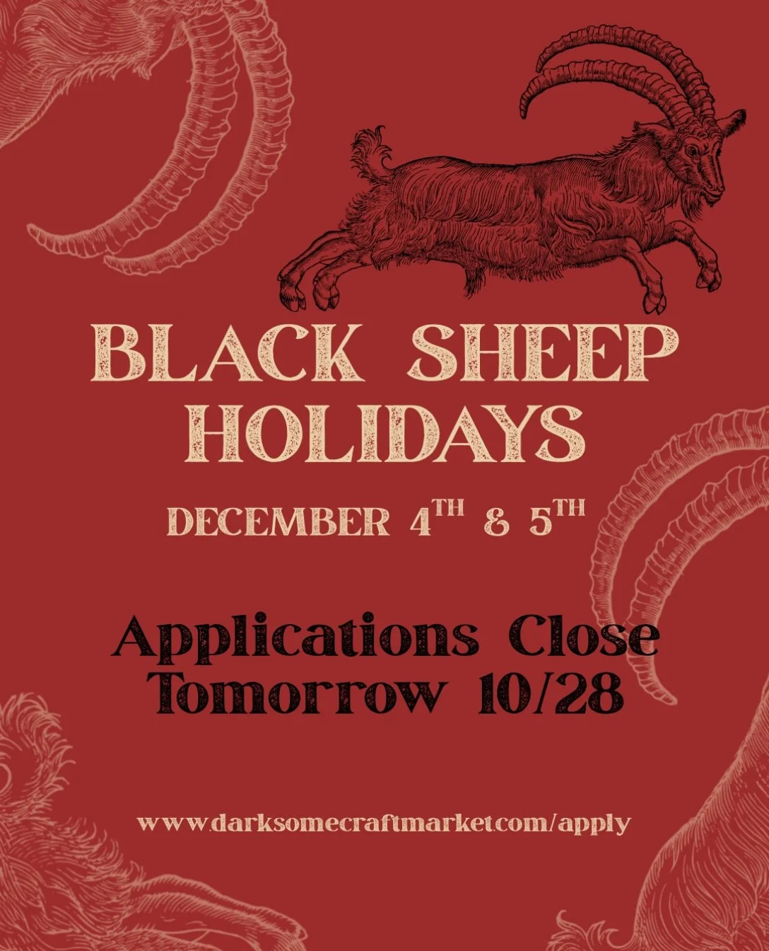 🚨 ‼️ APPLICATIONS CLOSE TOMORROW! ‼️ 🚨 Don&rsquo;t delay! We invite all quality dark artists to apply for our VIRTUAL BLACK SHEEP HOLIDAYS MARKET happening 12/4 &amp; 12/5

www.darksomecraftmarket.com/apply 
Link in bio 🔗 

#darksome #darksomecraf