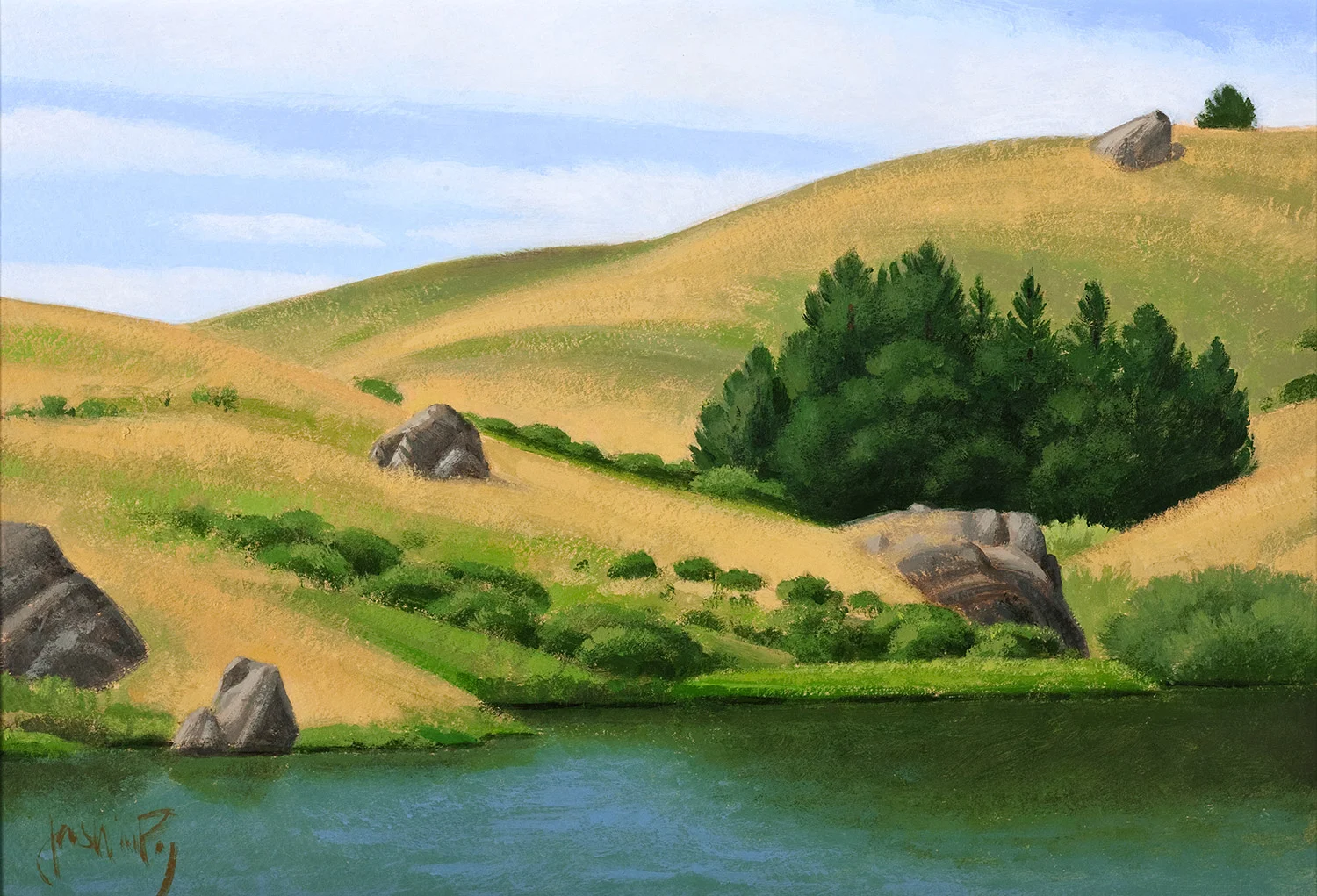 Nicasio Reservoir in Late Spring 10" x 14" Acrylic on paper