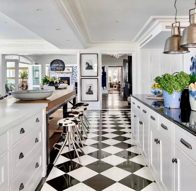 As always the kitchen ranks highest when I design interiors for both our own homes and for my Clients. The marble black and white checkerboard floor was the canvas on which collected furniture, custom made elements and interesting fittings all came together to great effect. A much loved home!