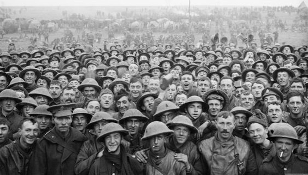  Photograph  of members of the Royal Irish Rifles before parading for the trenches.  Taken near Bertincourt, 20 November 1917. 