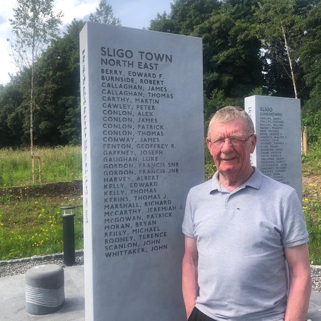  Lest Sligo Forgets committee member Michael Conlon, pictured beside the sentinel SLIGO TOWN-NORTH EAST which lists his four relatives who died in the Great War 1914-18; Alex, James Patrick &amp; Thomas Conlon from Holborn Hill. 