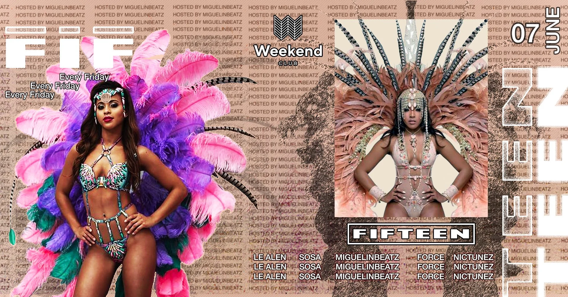 Fifteen hosted by Miguelinbeatz We want to create a spot for people with open minded visions of music & fashion. An esthetic look is an essential step to treat your body like it deserved. Be curious - be a part. Every Friday finest Hip Hop with best local and international DJs. This edition we bring you the carnival to the 15th floor.