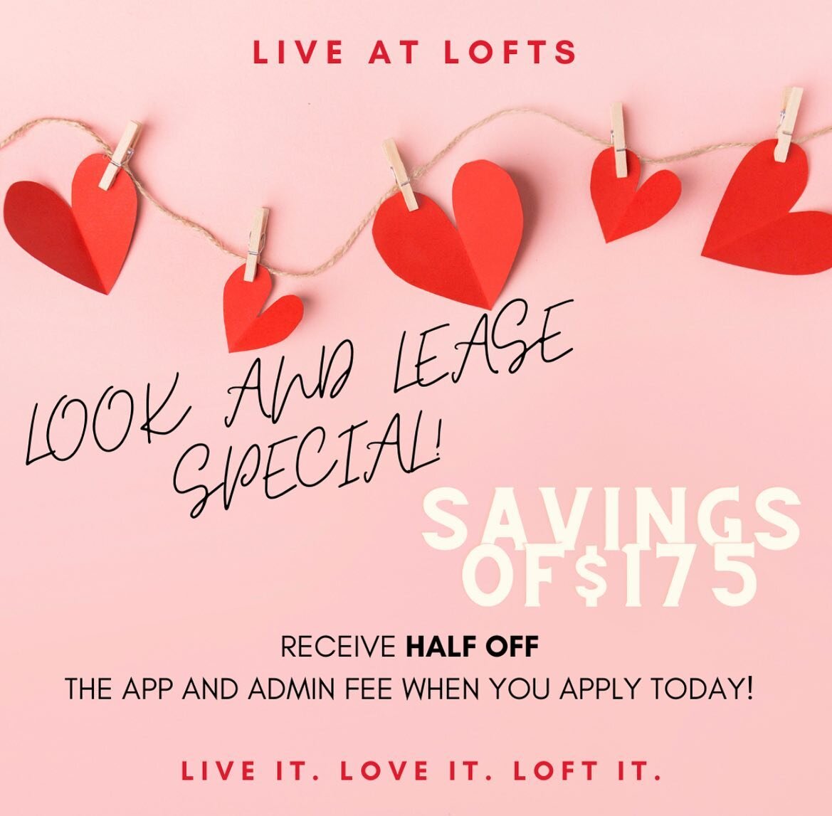 Take advantage of our Look &amp; Lease special happening right now - Feb. 14, 2023! That means&hellip;Tour and submit an application within 24-HRS of touring to receive HALF OFF your admin and application fees. Call to schedule a tour at any one of o