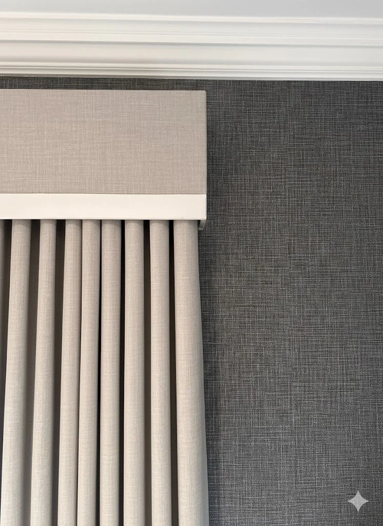 Close-up of a beige wall panel with a textured fabric pattern and white vertical radiator against a dark grey textured wall, with white crown molding at the top.