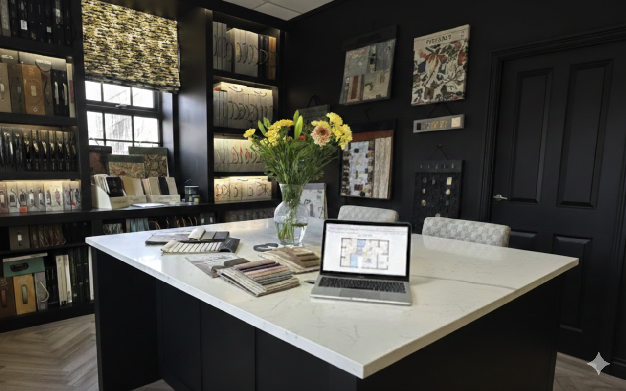 An interior design showroom in Sheffield white marble table displaying fabric samples, a laptop, a vase of flowers, and design catalogs. The room has dark walls decorated with artwork and large shelves filled with fabric swatches and sample books.