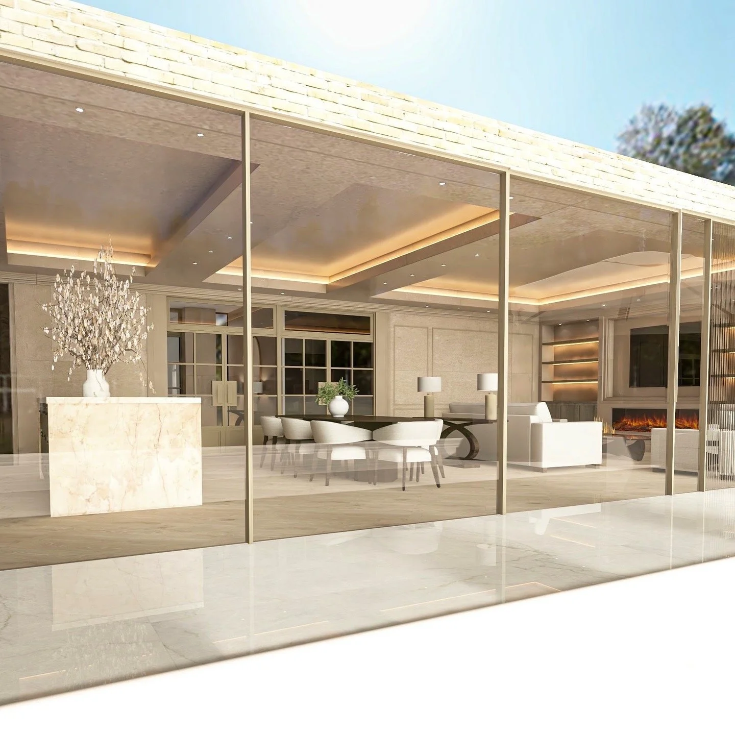 Modern living room with large glass windows, white furniture, and a fireplace.