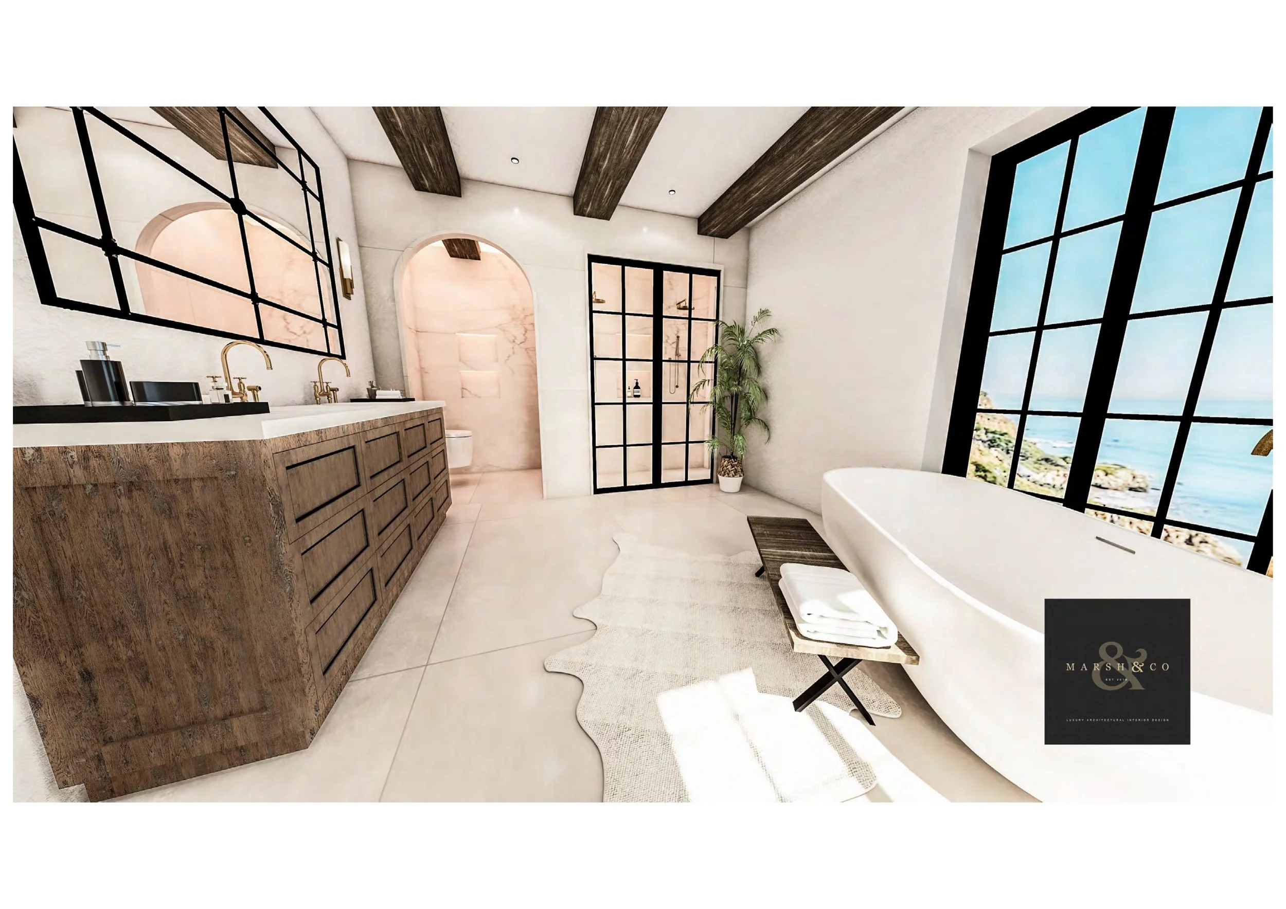 Modern bathroom with a large window overlooking the ocean, a freestanding bathtub, a wooden vanity with two sinks, a mirror, a potted plant, and a shower area with a curved archway.