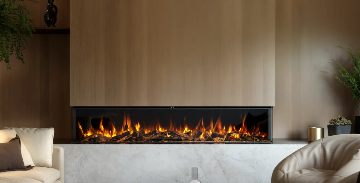 A wide modern electric fire from British fires, built into the wall.