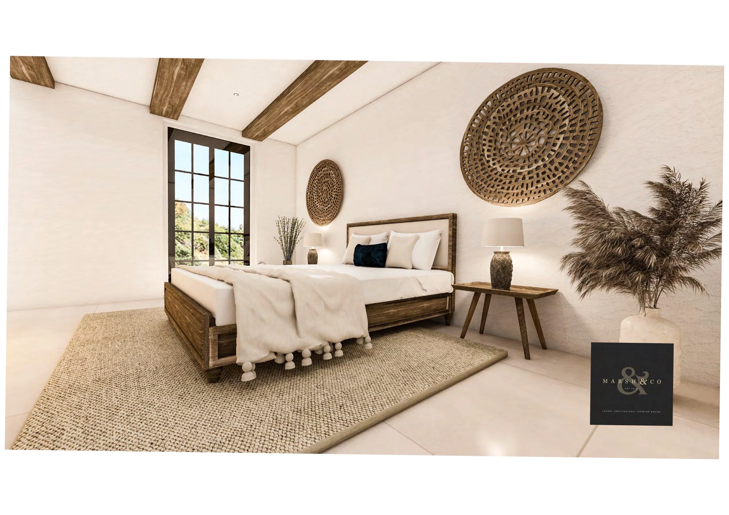 Minimalist bedroom with wooden bed frame, white bedding, bedside tables with lamps, a large window, wicker wall art, and a beige rug, all in natural tones.