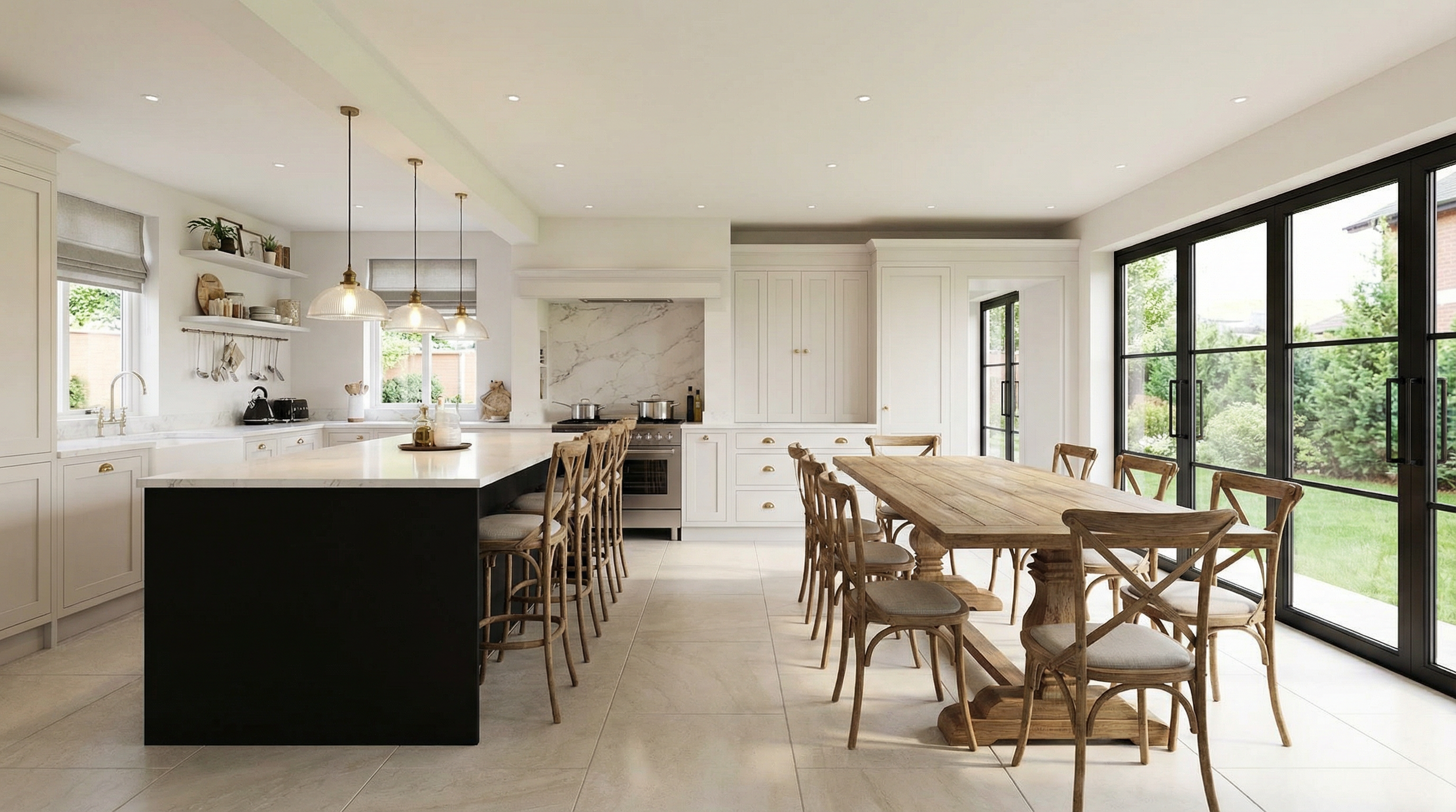 Bright, modern kitchen with white cabinets, marble accents, a large kitchen island with black base, wooden dining table with matching chairs, large windows with black frames showing a green outdoor space.