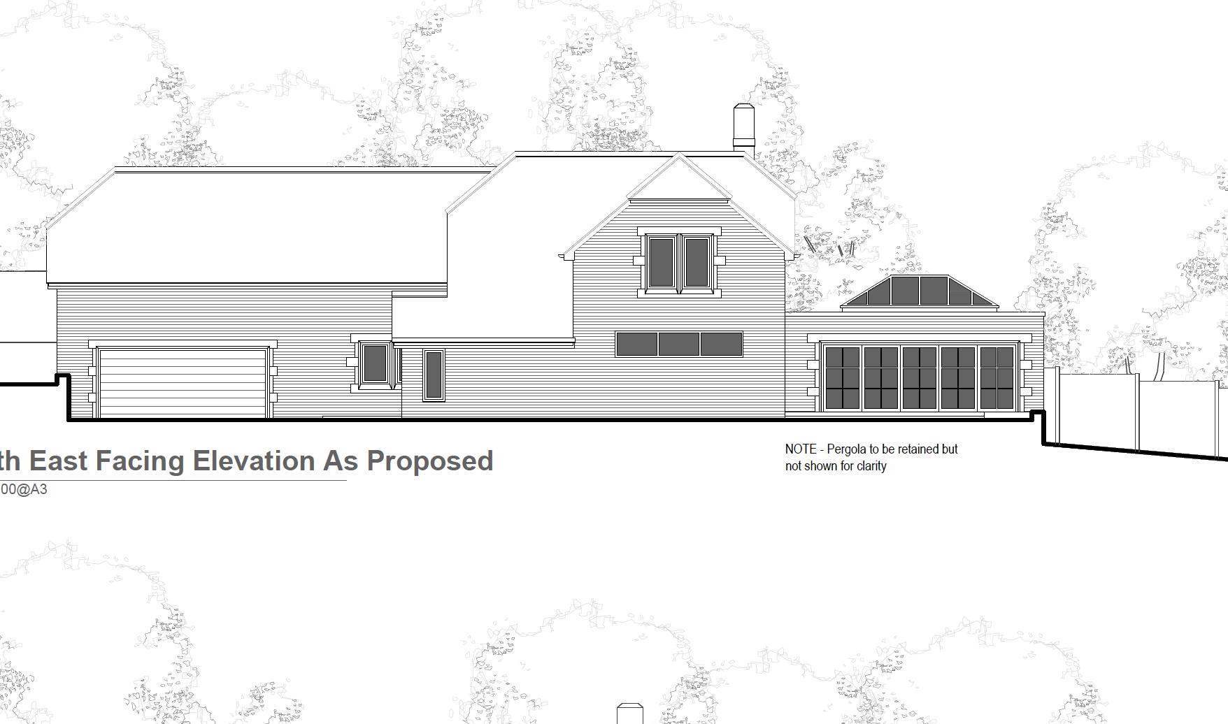Architectural elevation drawing of a house's east-facing side, including a garage, windows, and a pergola, with trees in the background.