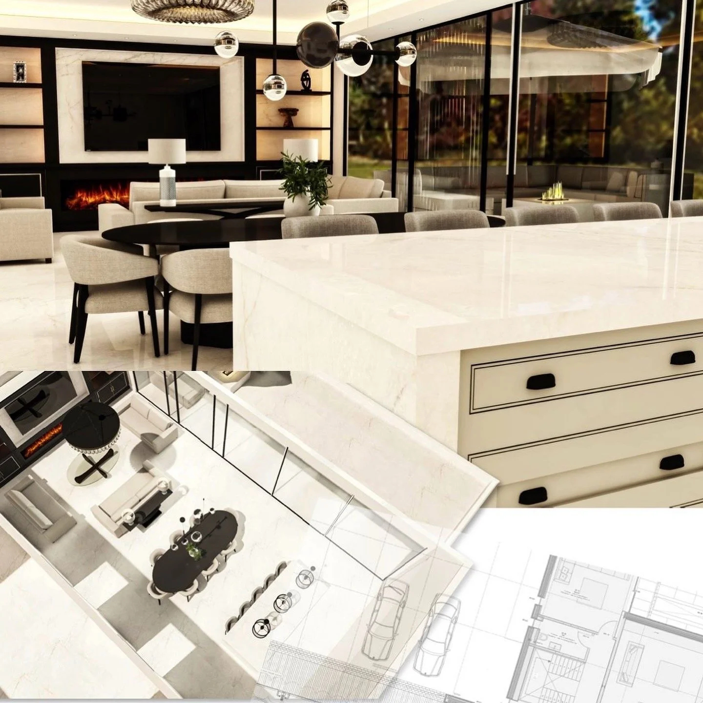 Interior view of a modern house, showcasing a living and dining area with a white marble island, black and beige furniture, and a house floor plan.