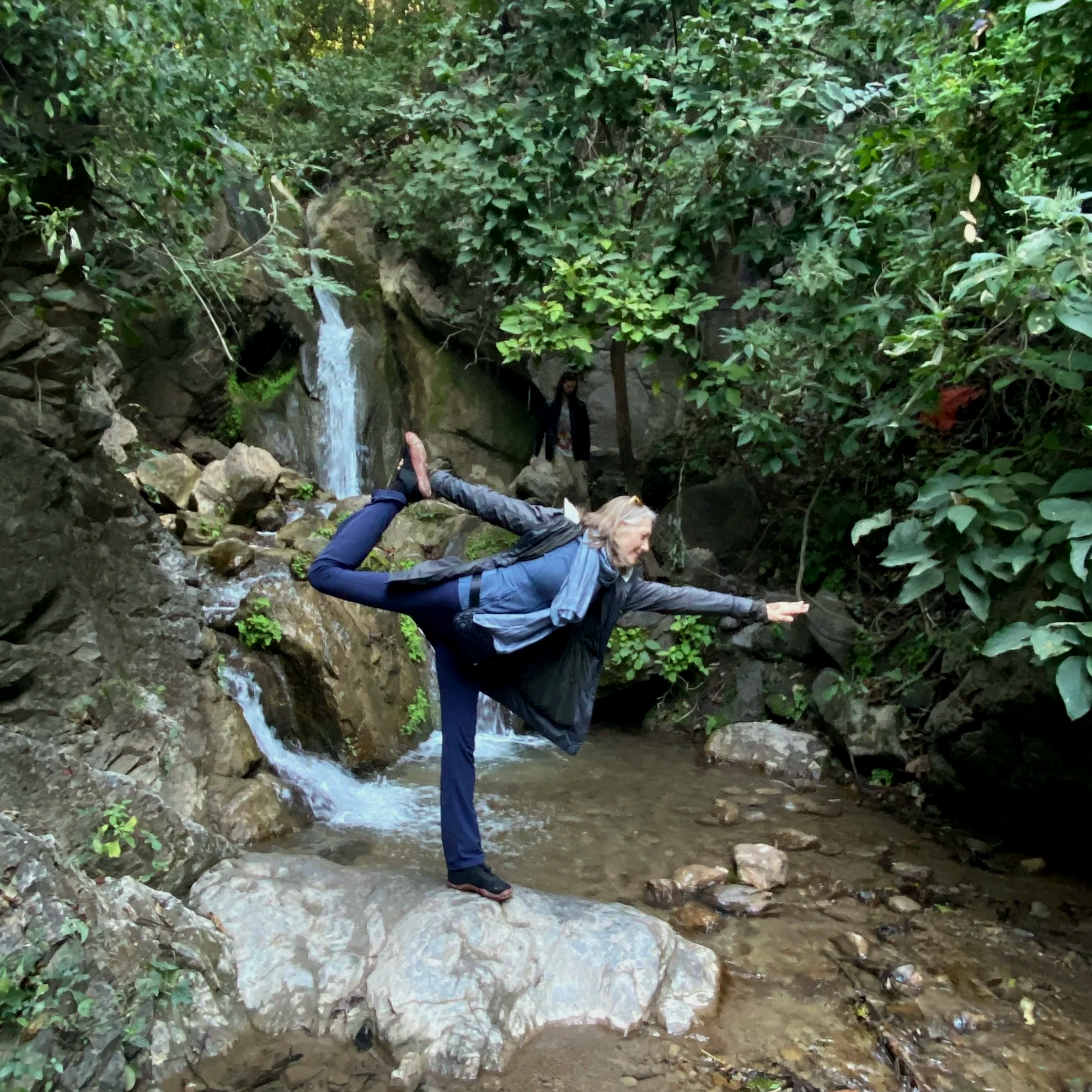 A woman in a blue jacket practicing yoga on a rock in a small creek surrounded by green trees.