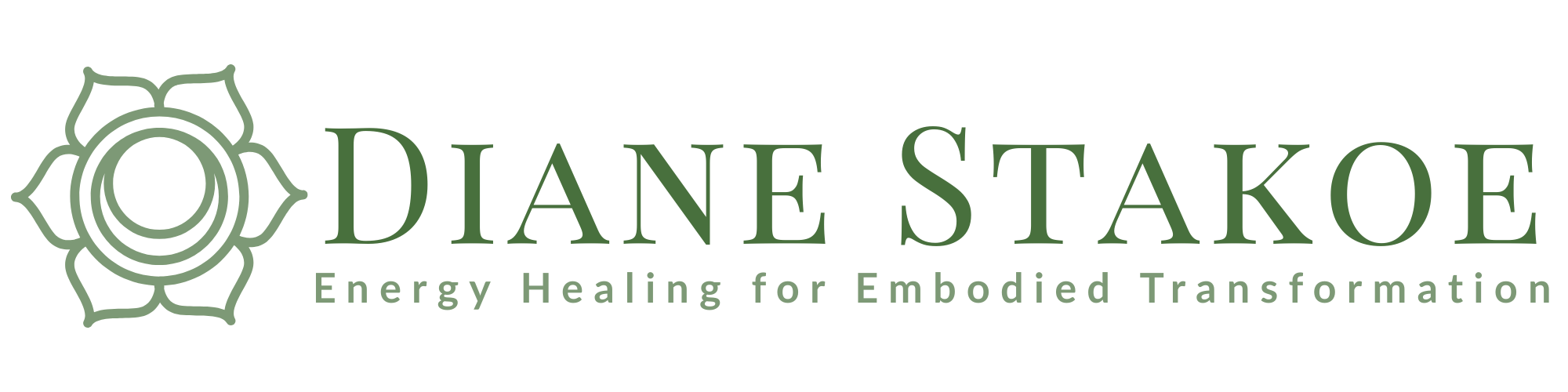 Green logo of name Diane Stakoe with symbol of heart chakra