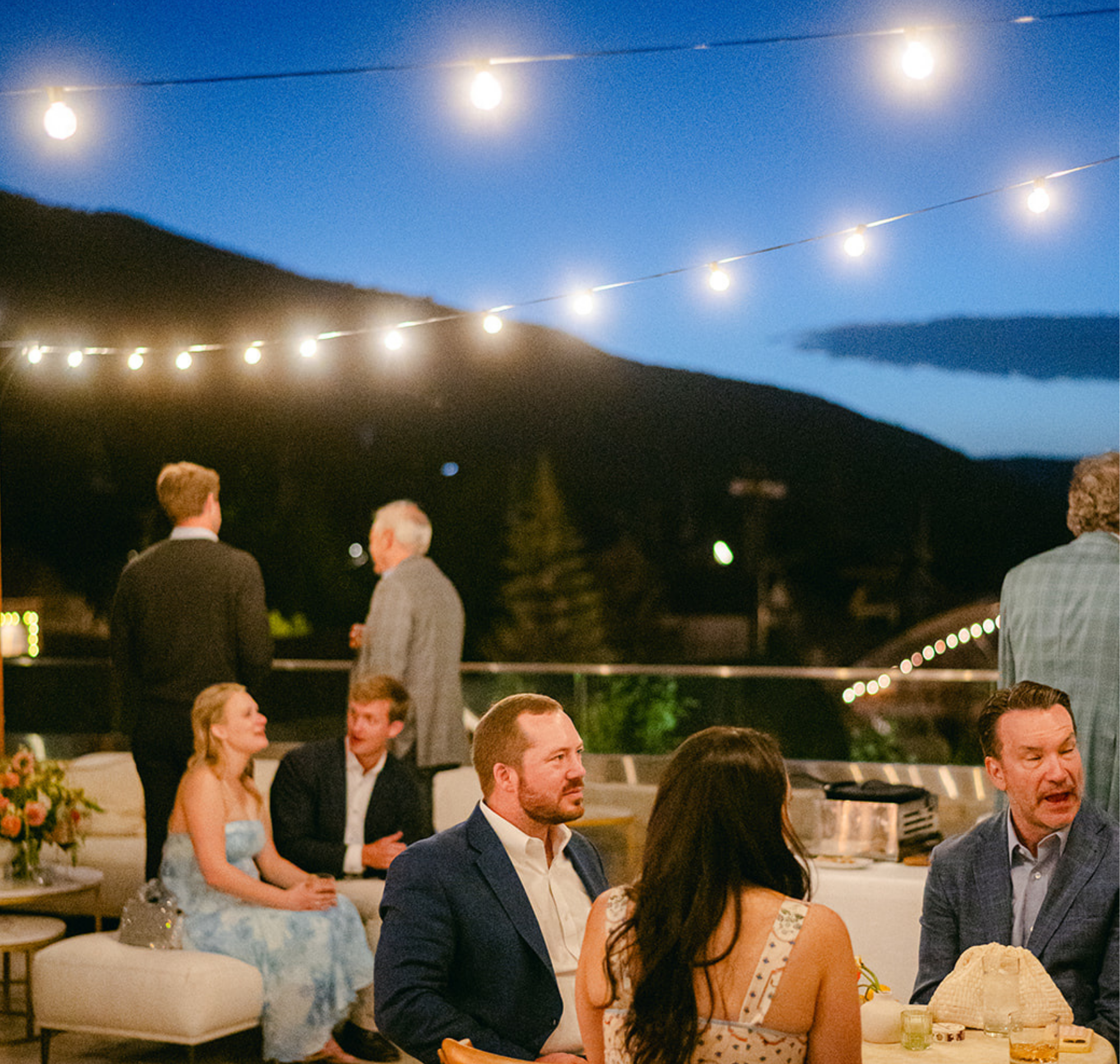 Park City evening on Kimball Terrace outdoor patio, guests visiting on the terrace