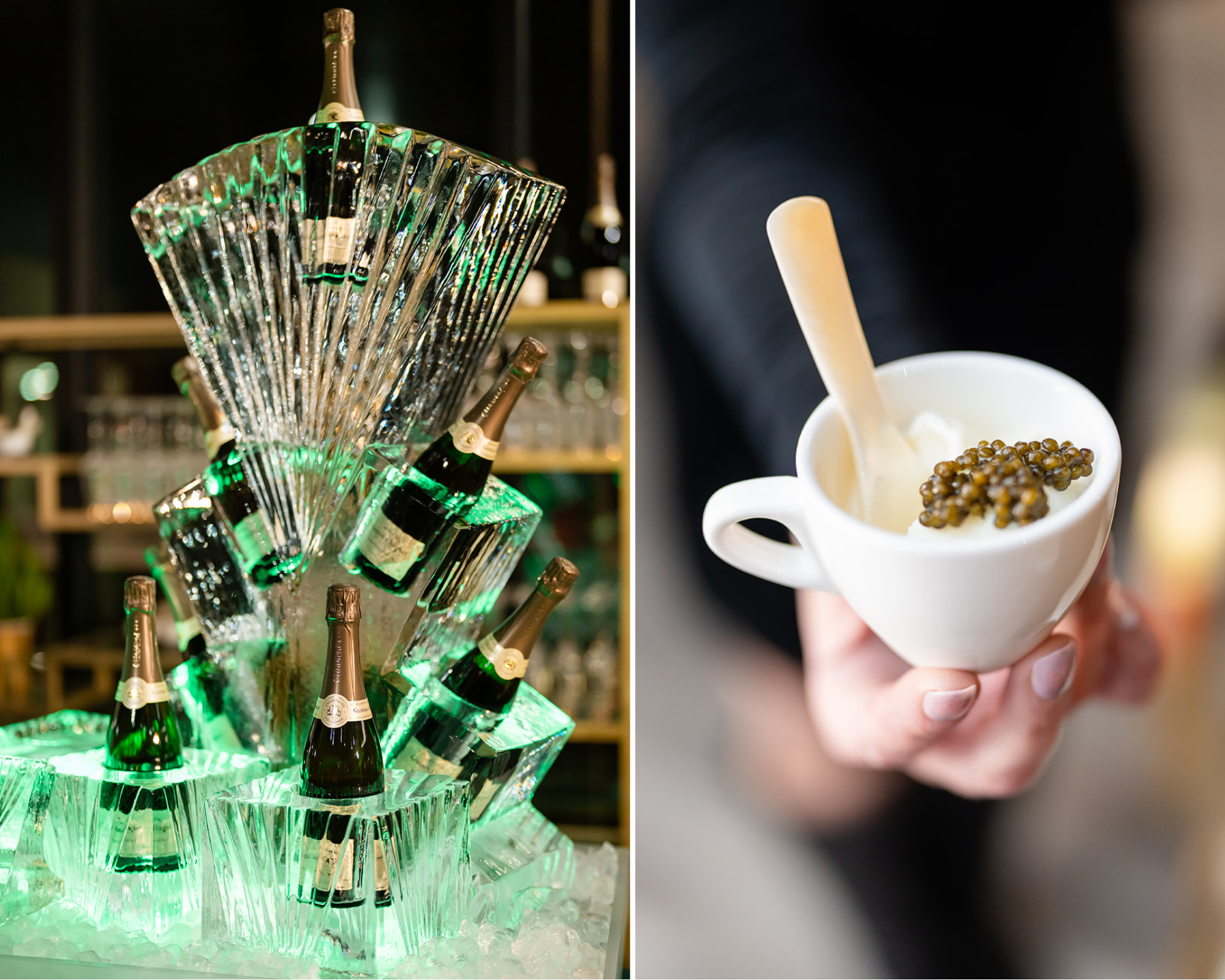 caviar and gelato, champagne on ice, ice sculpture holding bottles, caviar with ice cream, caviar with gelato