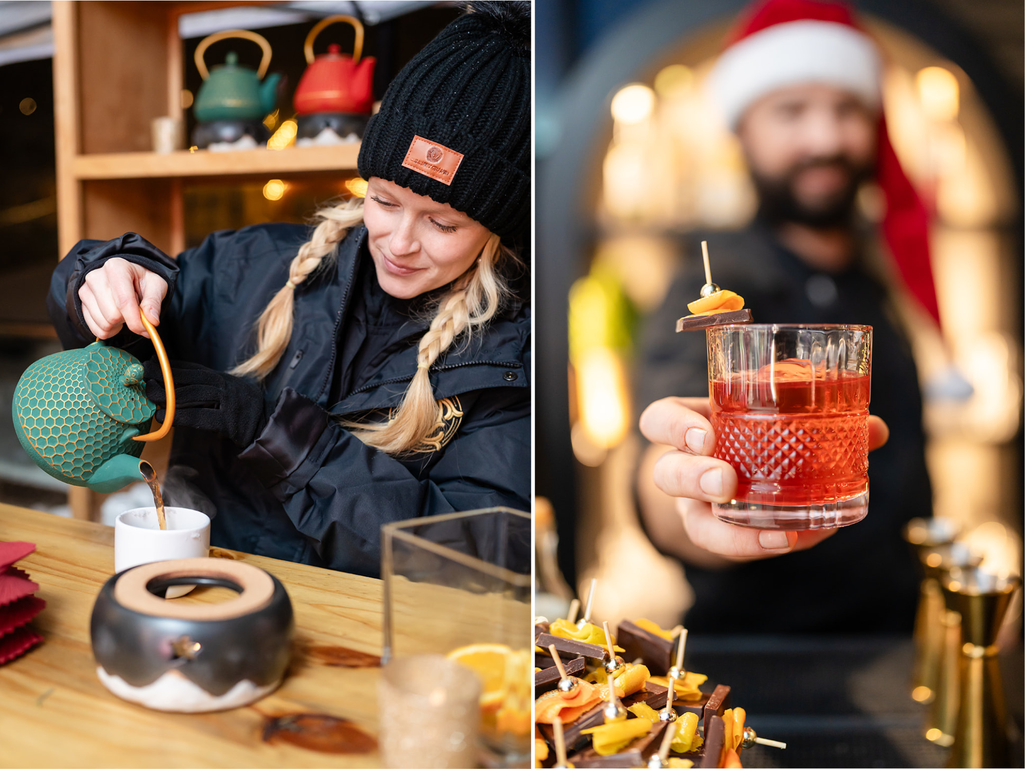 Bacchus bartenders, bartender pouring hot tea, bartender offering cocktail