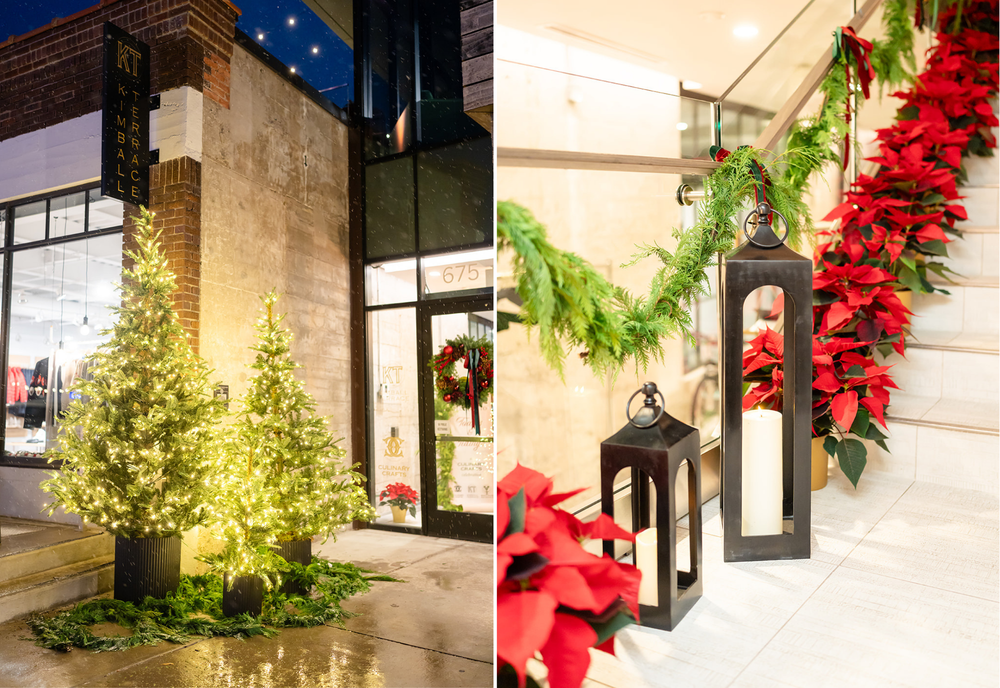 Christmas trees, Park City December, Park City lights, poinsettias, Kimball Terrace entrance