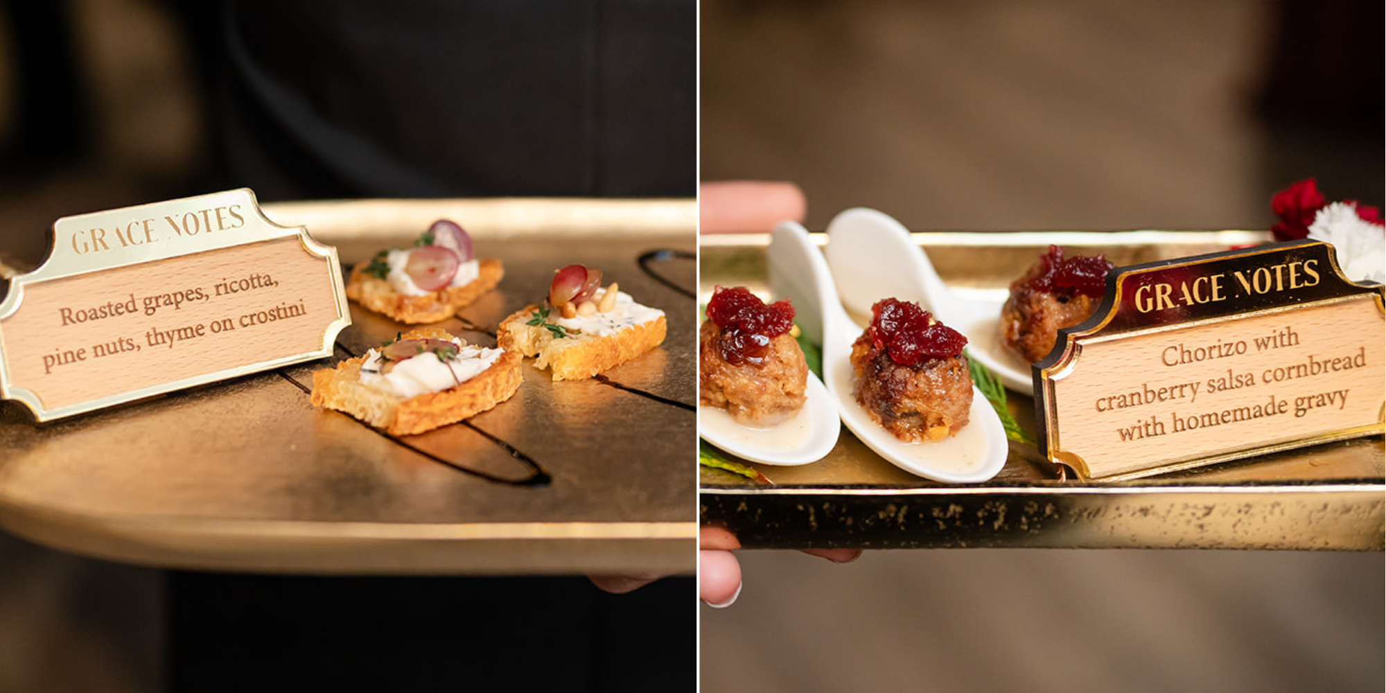 roasted grapes, chorizo, cornbread, gravy, pine nuts, ricotta, HD, passed hors d'oeuvres, Kimball Terrace event, elevated Christmas celebration