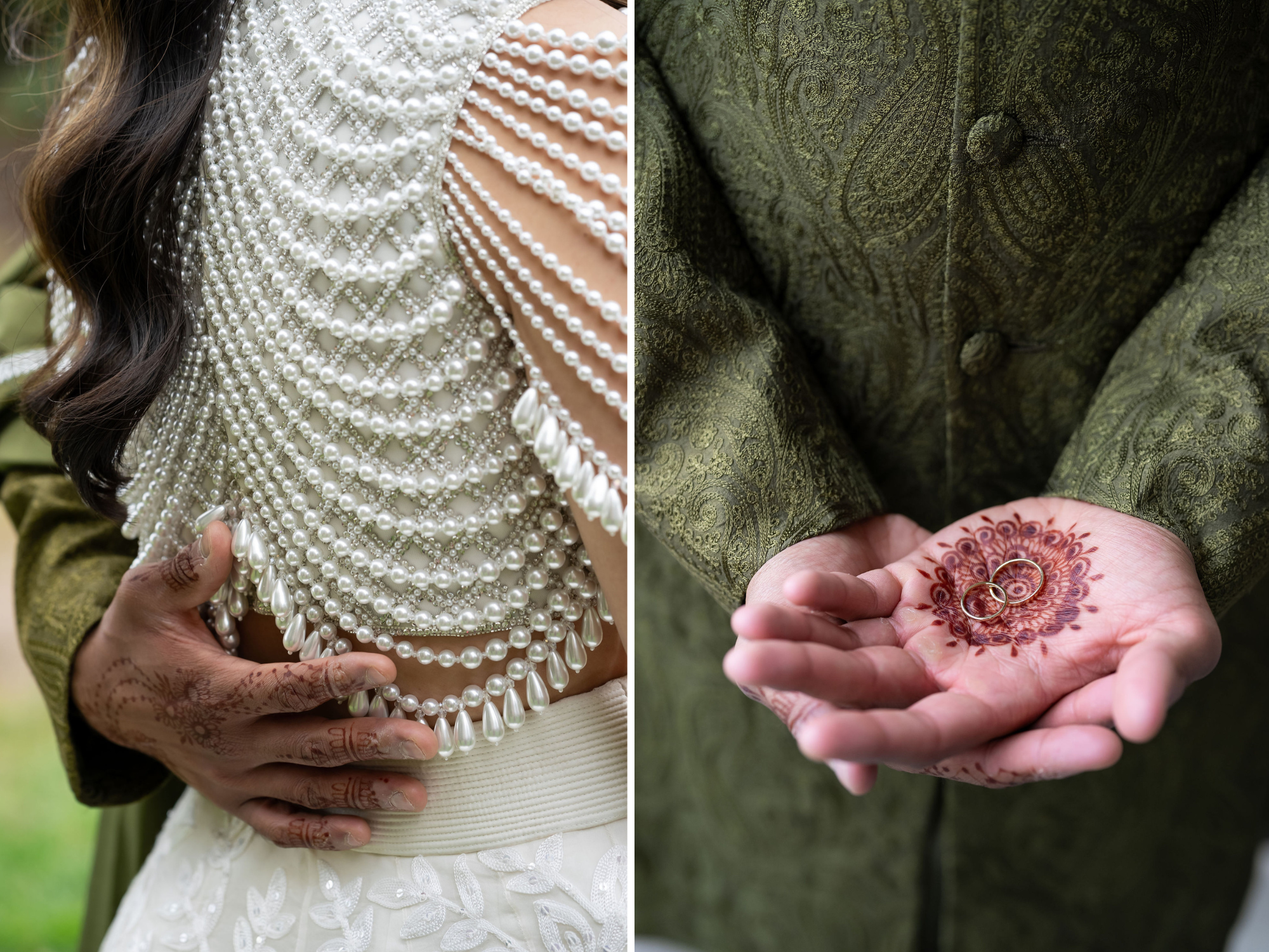 Korean Indian wedding, pearl beading on wedding dress, groom in forest green, henna