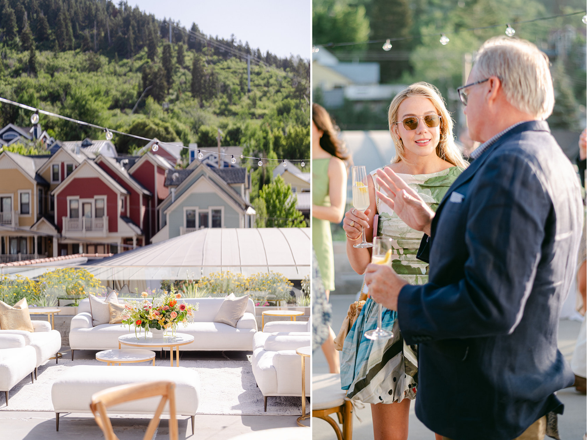 guests enjoy cocktails at Park City Utah event venue, view of Park City mountains, Utah wedding guests sip cocktails