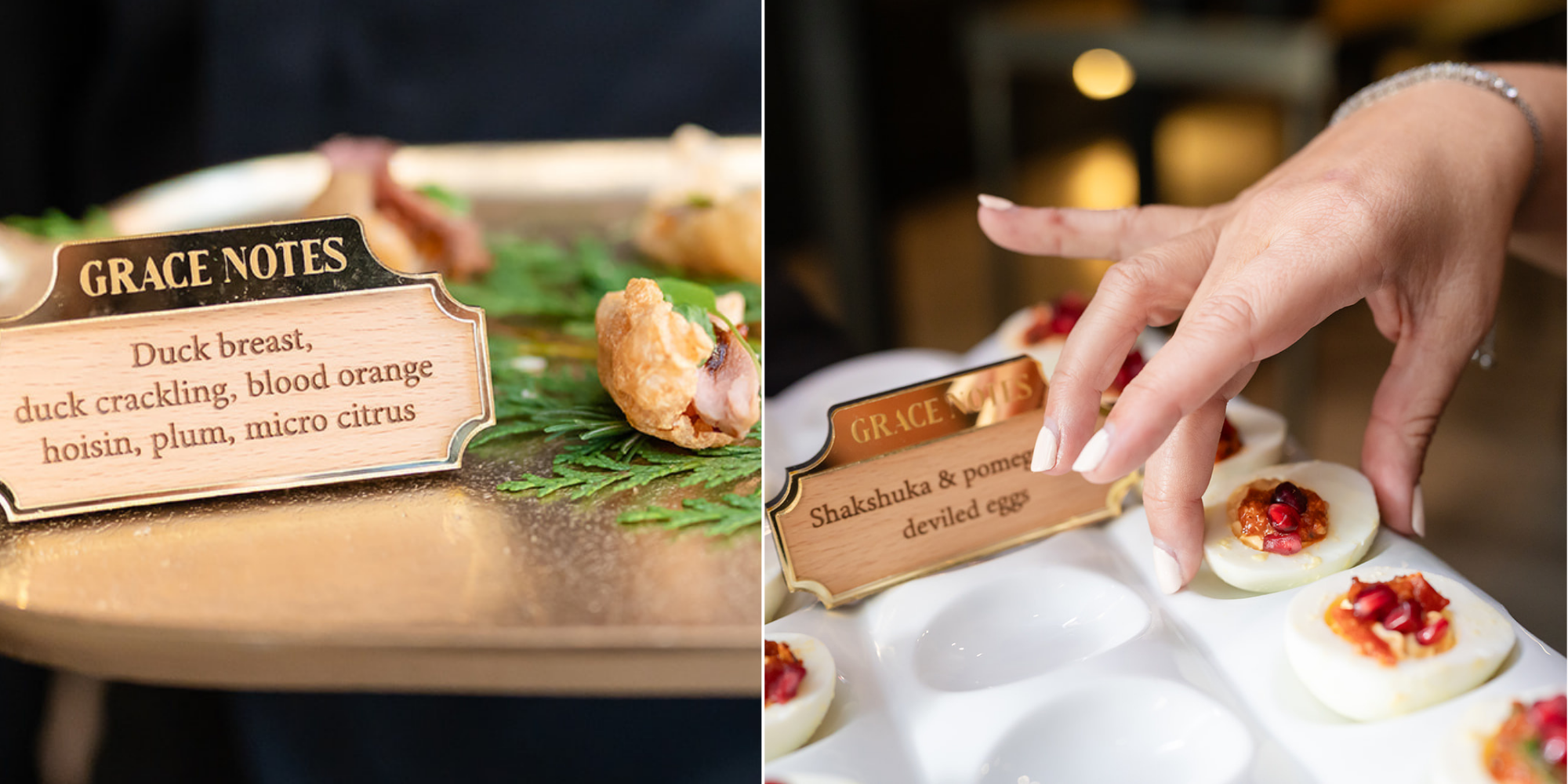 HD, hors d' oeuvres, duck breast, shakshuka, deviled eggs, duck crackling, holiday party, Christmas party