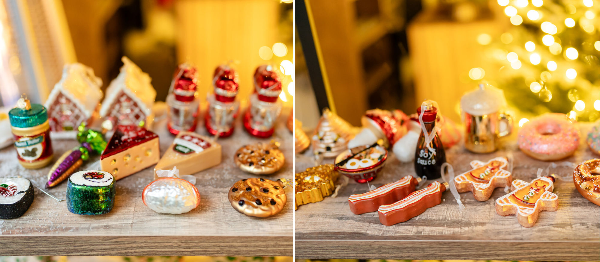 Christmas ornaments, Christmas knicknacks, soy sauce, cheese, carrots, cookies, cute ornaments
