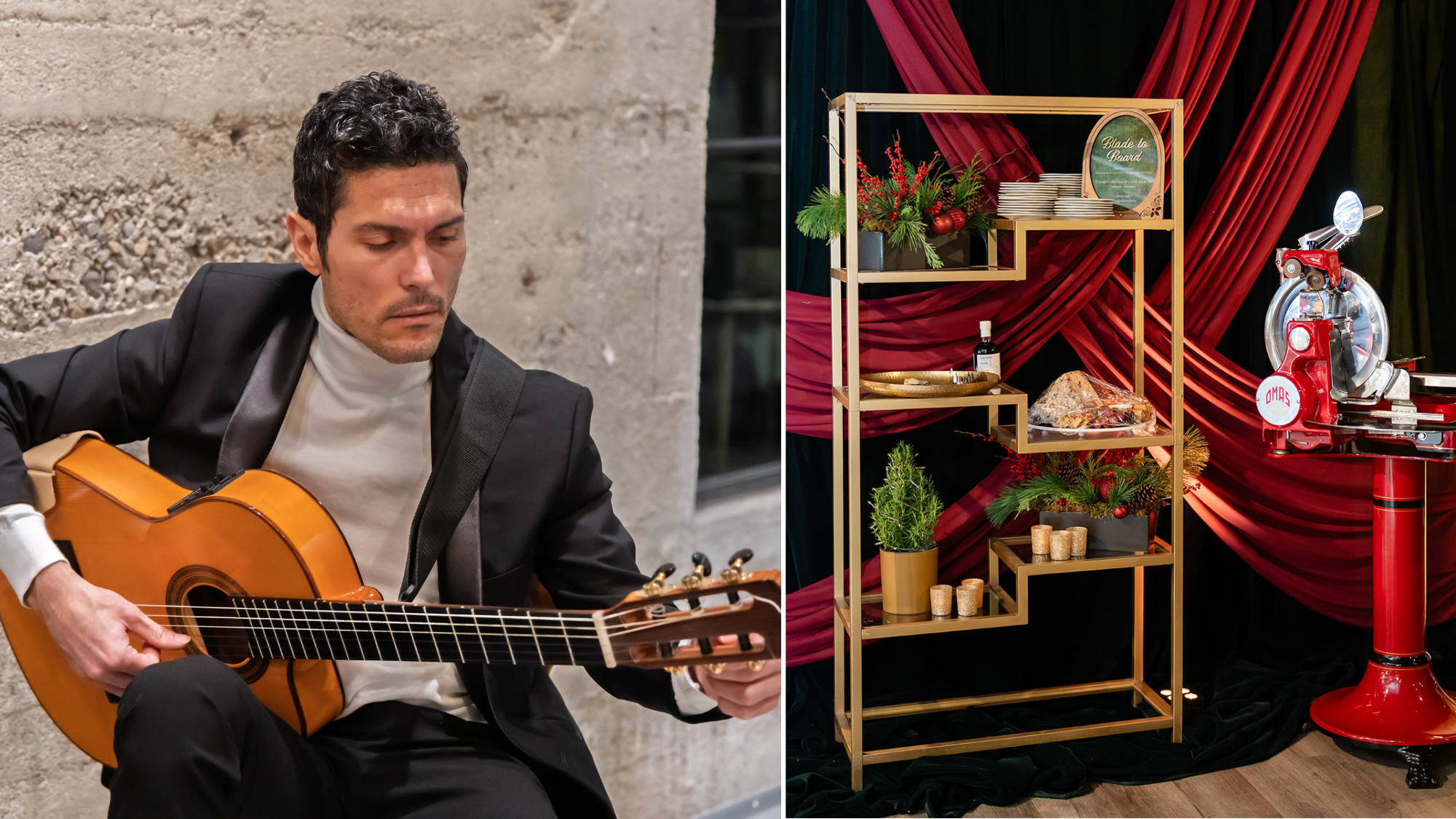 Spanish guitar, guitar player, music at Kimball Terrace, charcuterie station, meat slicer, Mexican guitar player, Antonio