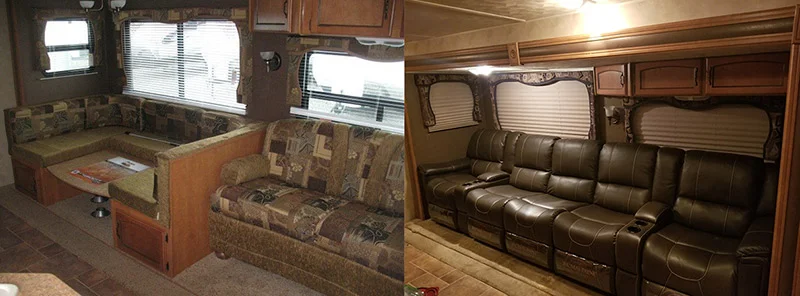 Before and after photos showing the dinette and sofa in an RV being replaced with recliners.