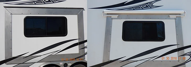 Before and after photos show slide awnings added to an RV’s slide out.