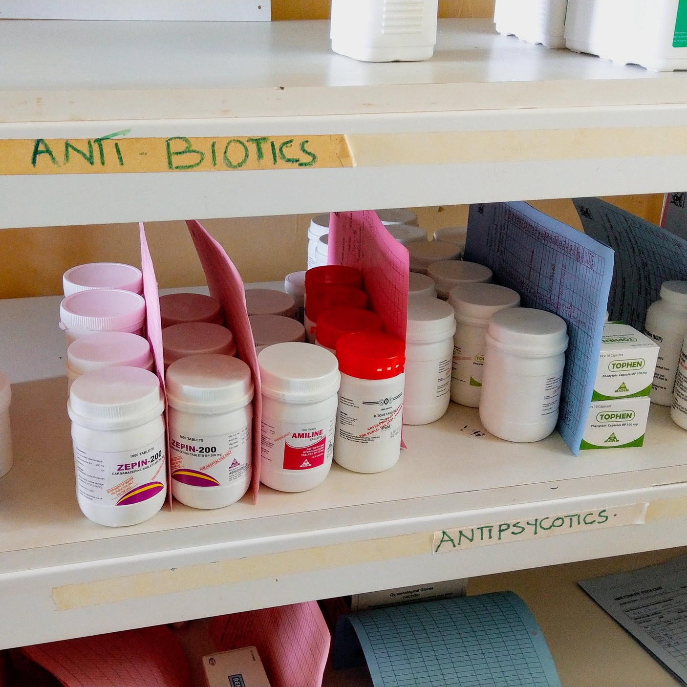 Medicines and accompanying stock cards in a Health Centre Medicines Store. Availability across the shelves constantly varies.