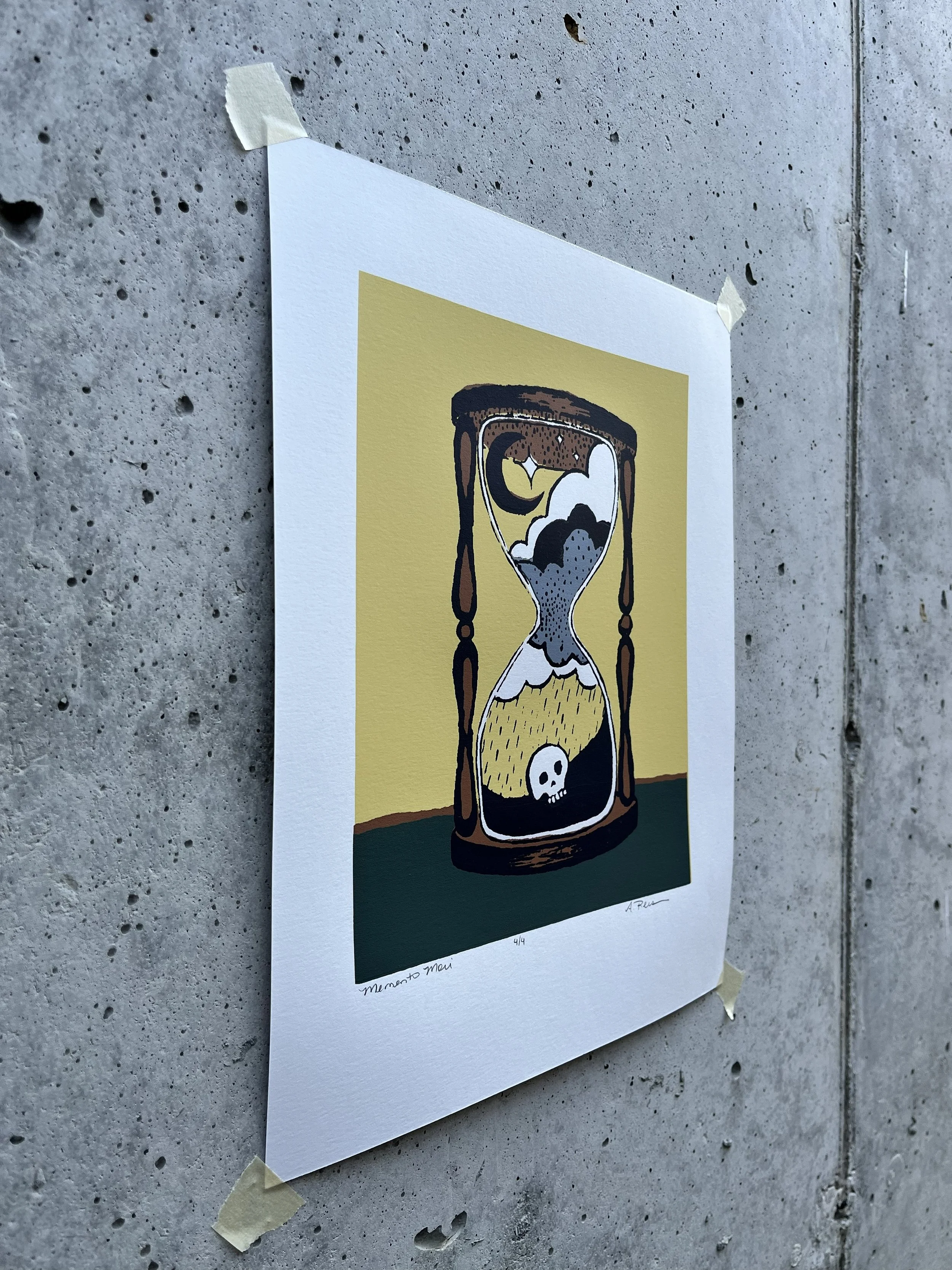 Screen print of an hourglass with a skull, rainstorm and moon inside.