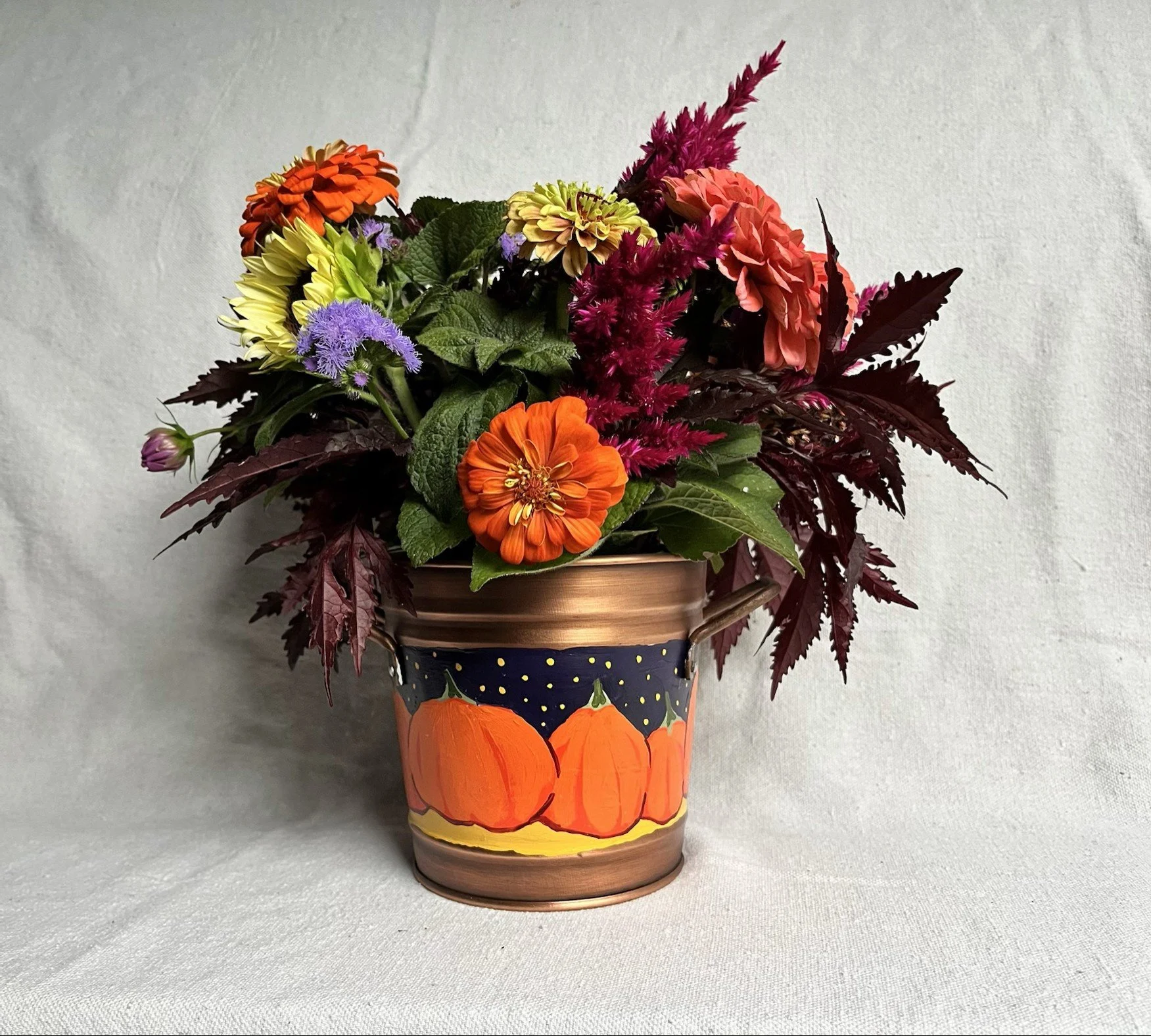 Hand Painted Pumpkin Patch Decorative Tin Pail