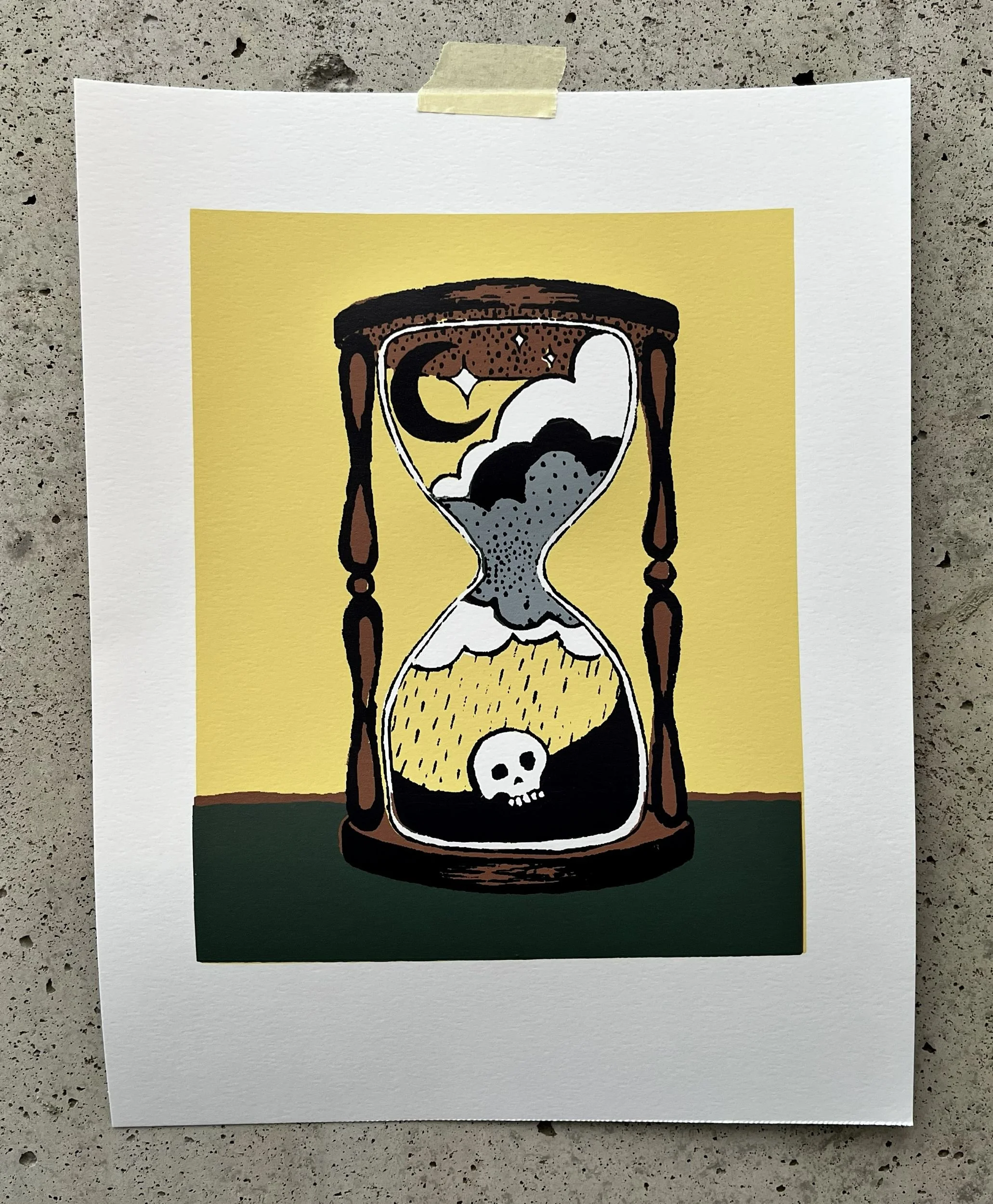 Screen print of an hourglass with a skull, rainstorm and moon inside.