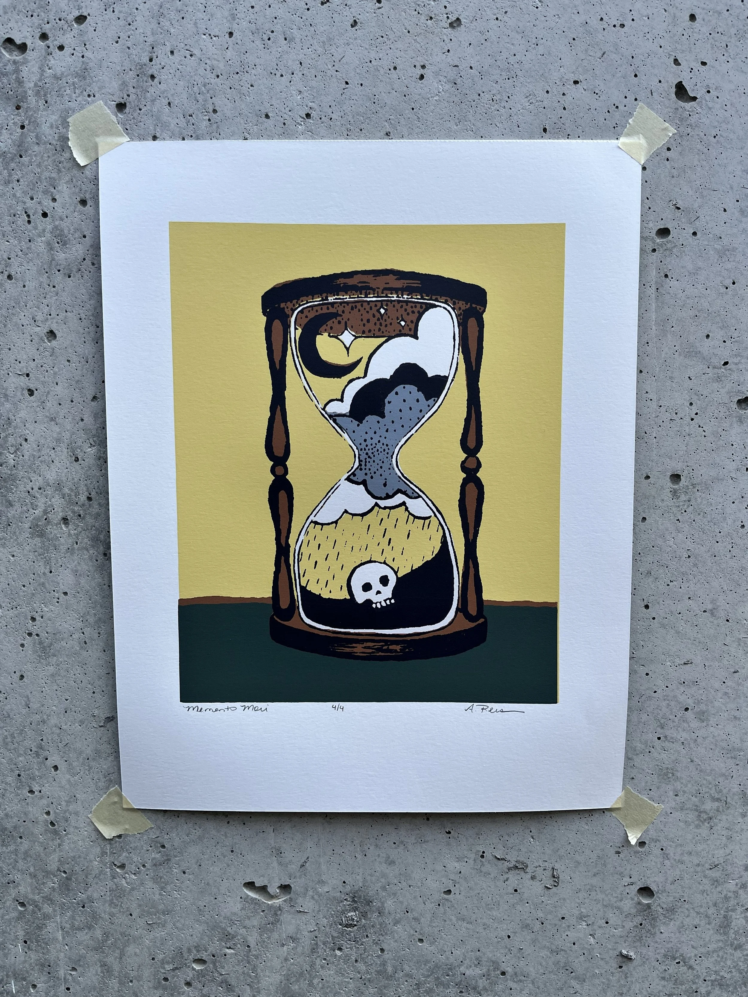 Screen print of an hourglass with a skull, rainstorm and moon inside.