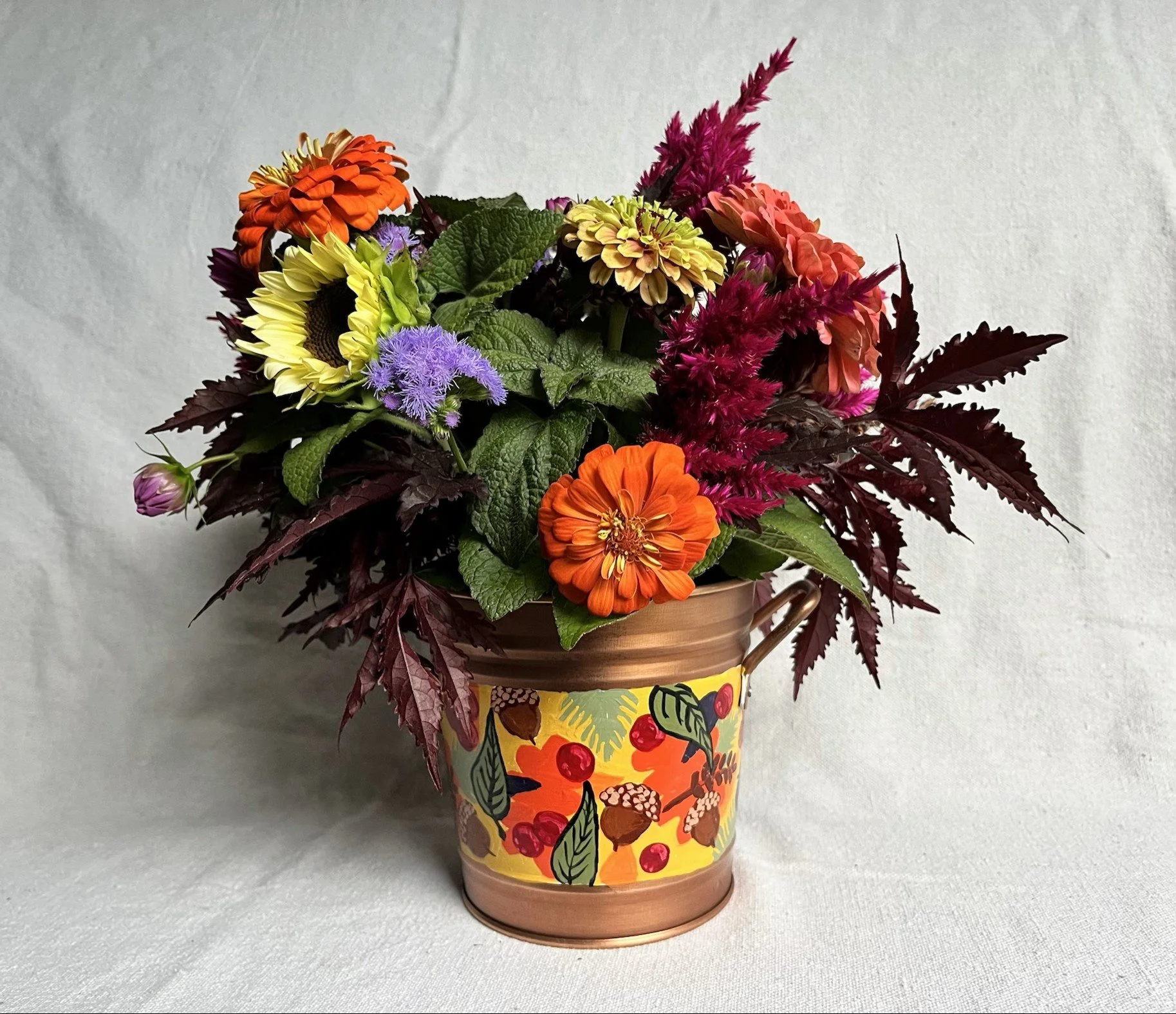 h1 Hand painted copper color bucket with summer flowers