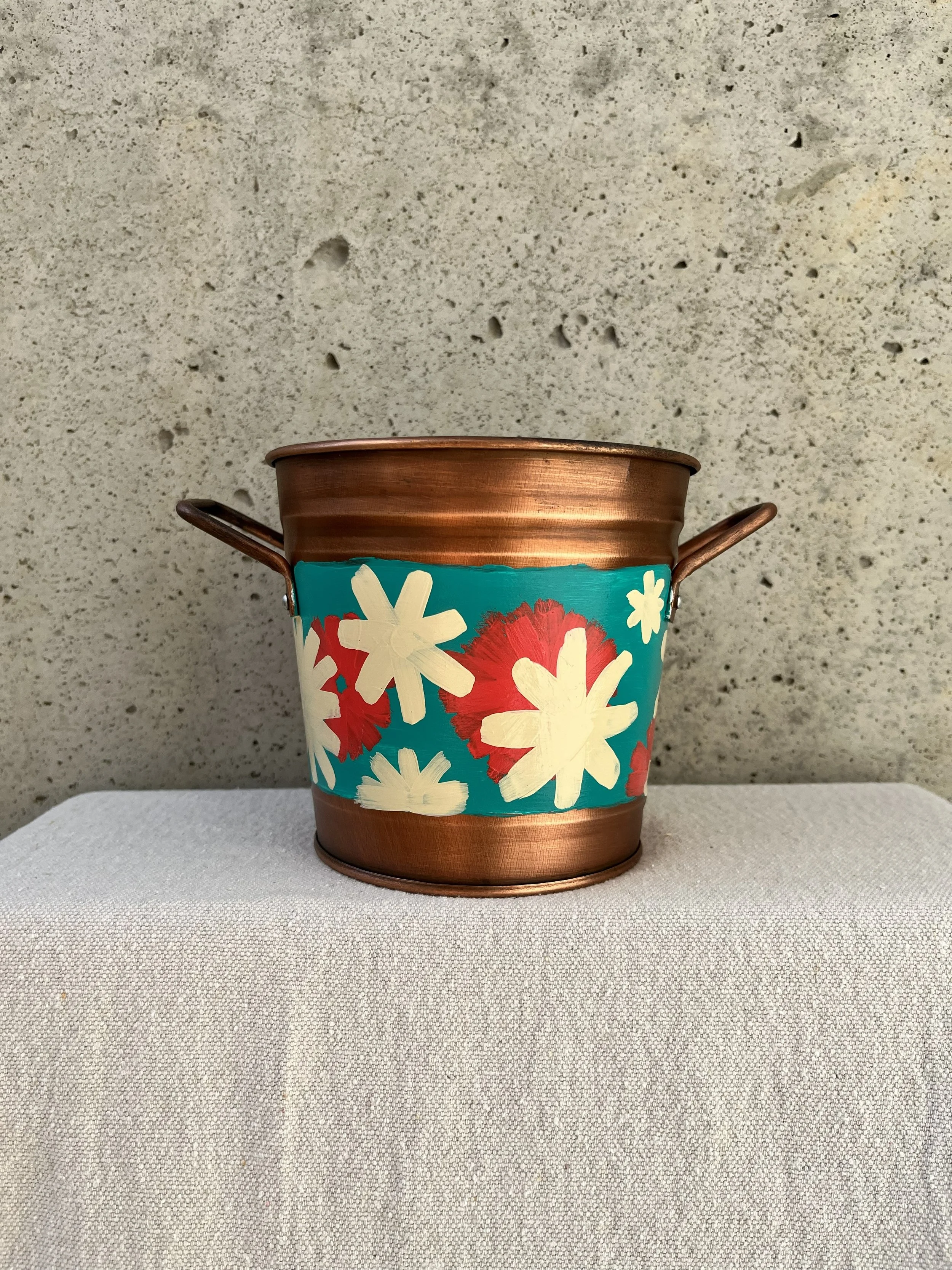 Hand Painted Mod Floral Decorative Tin Bucket