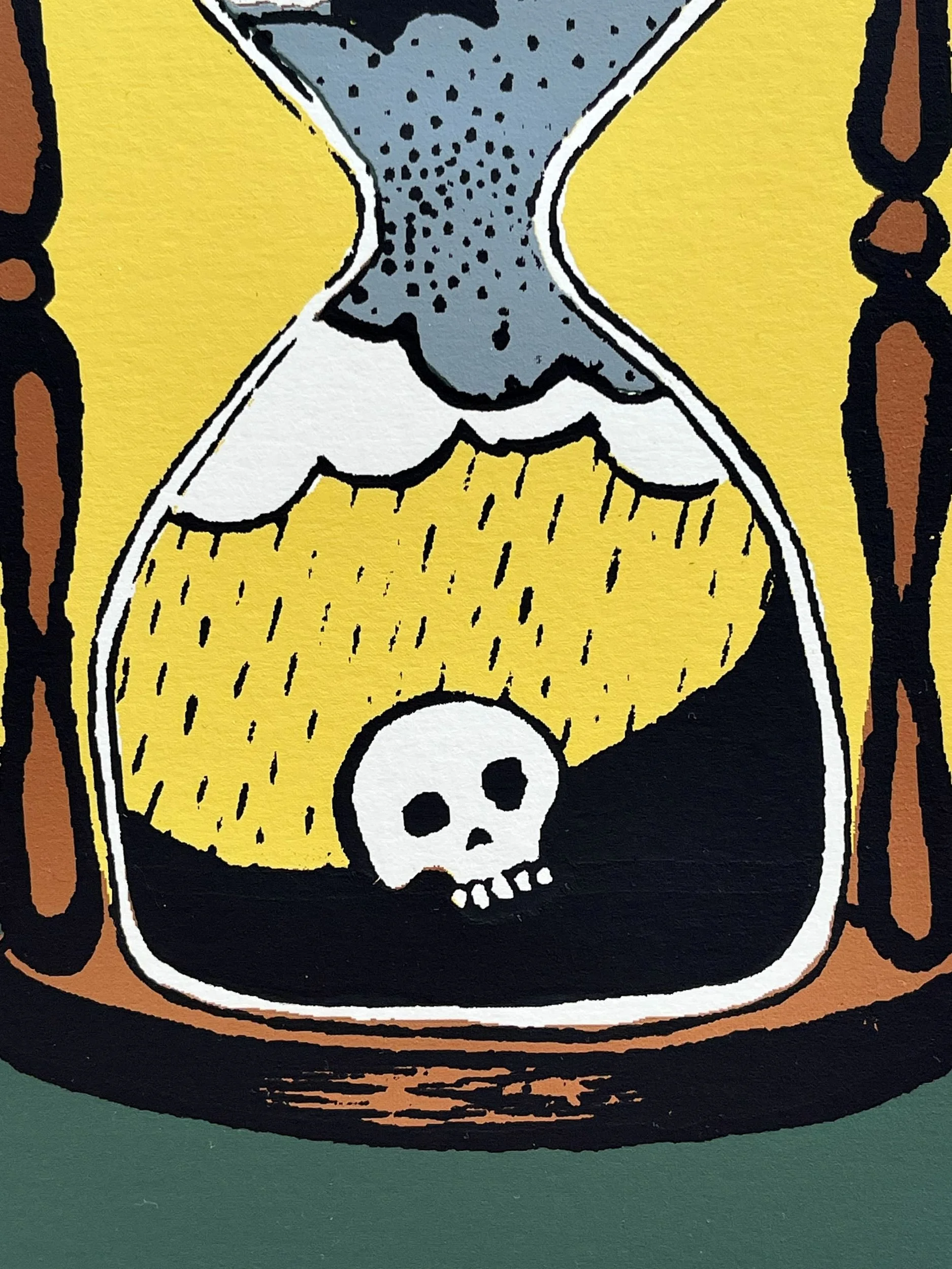 Screen print of an hourglass with a skull, rainstorm and moon inside.
