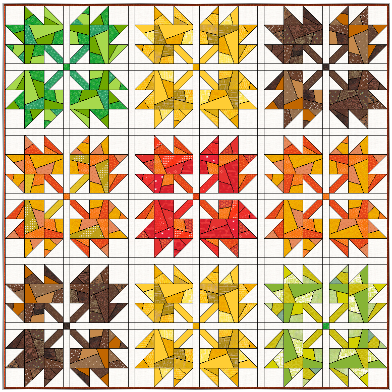 59” x 59” with 1” sashing and no border. Here the blocks are sew together in the standard way (not on point). I really love grouping them by color. They are so beautiful!