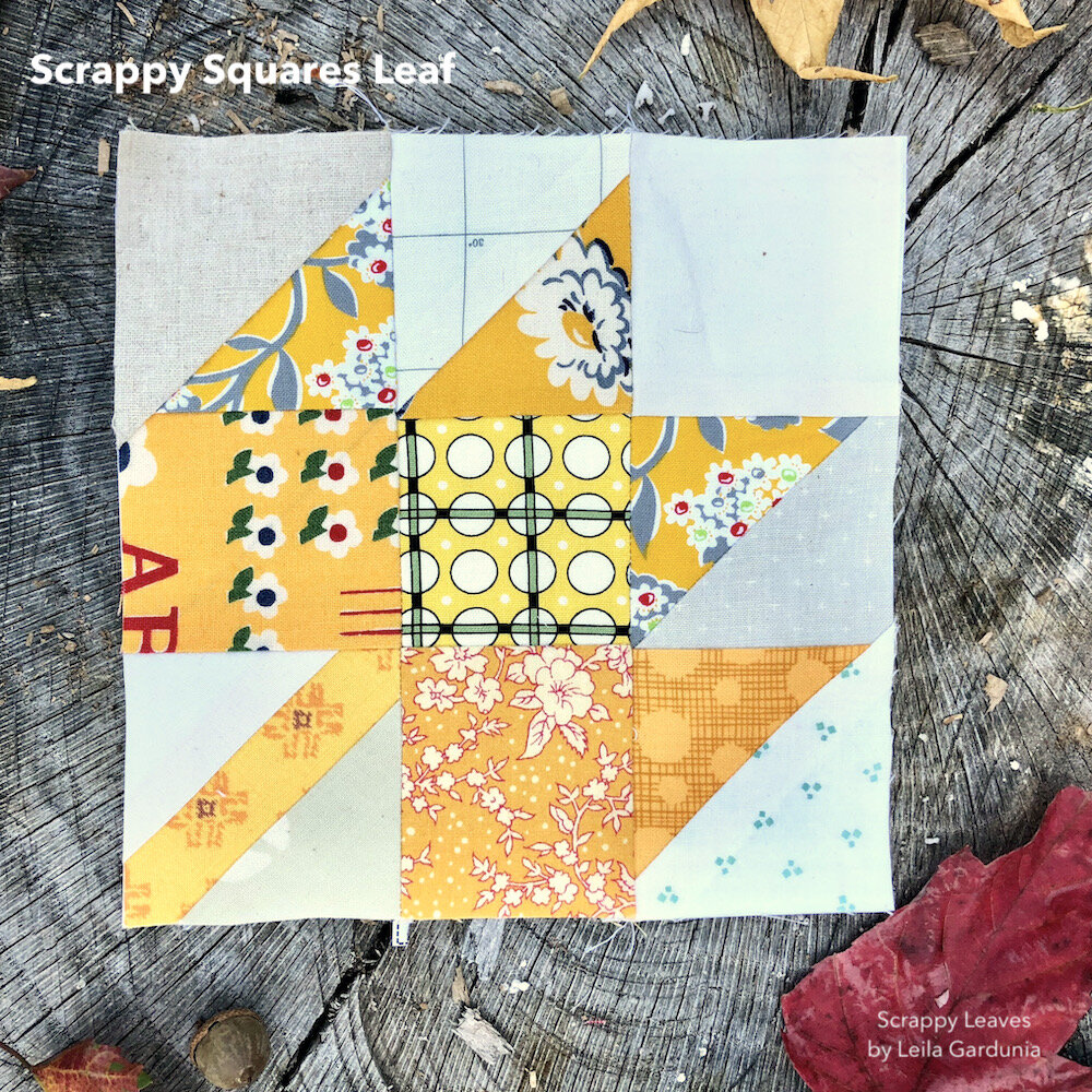 Yellow Scrappy Leaf Quilt Block