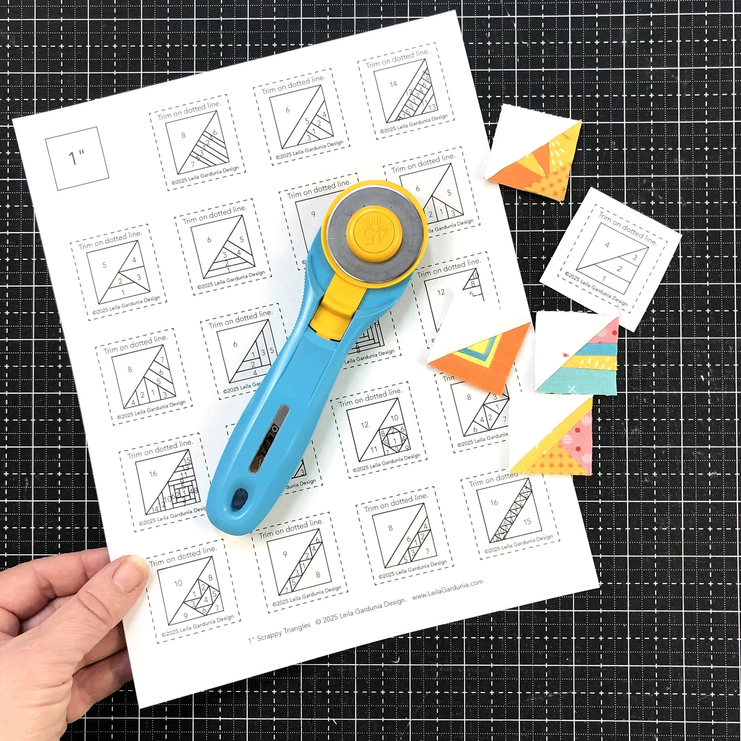 1 inch scrappy triangle quilt blocks and foudation.jpeg