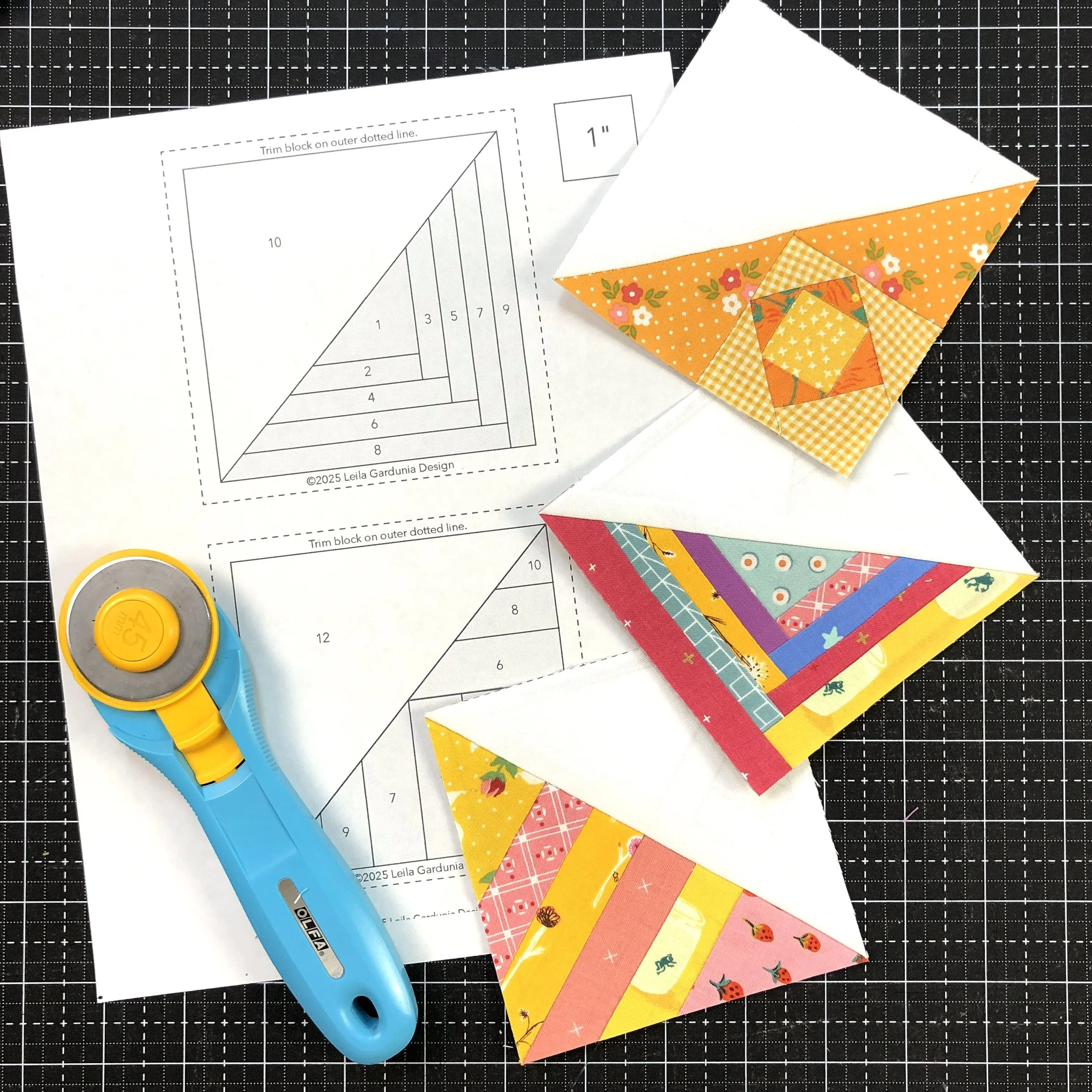 4 inch scrappy triangle quilt blocks and foundation.jpeg