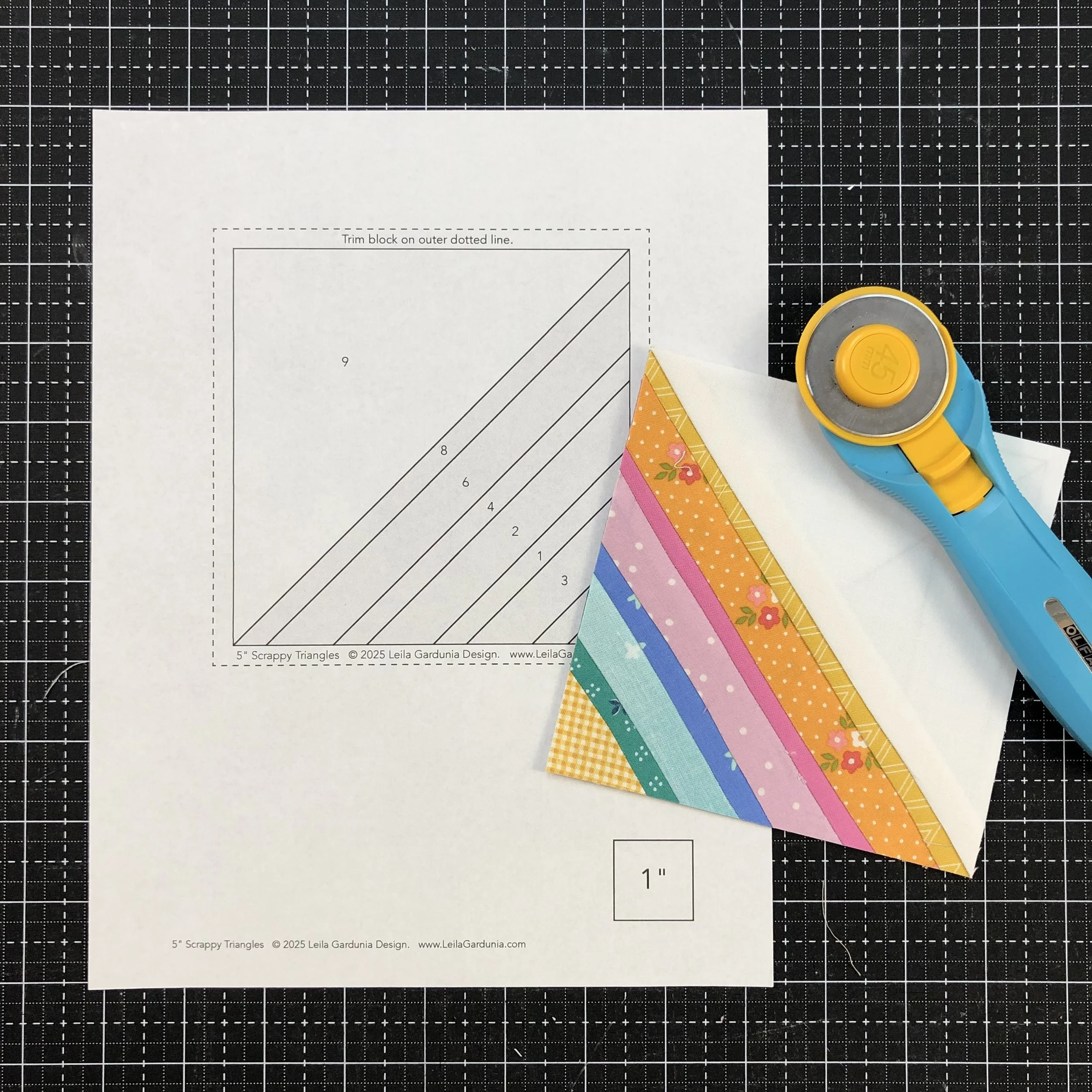 5 inch scrappy triangle quilt block and foundation.jpeg
