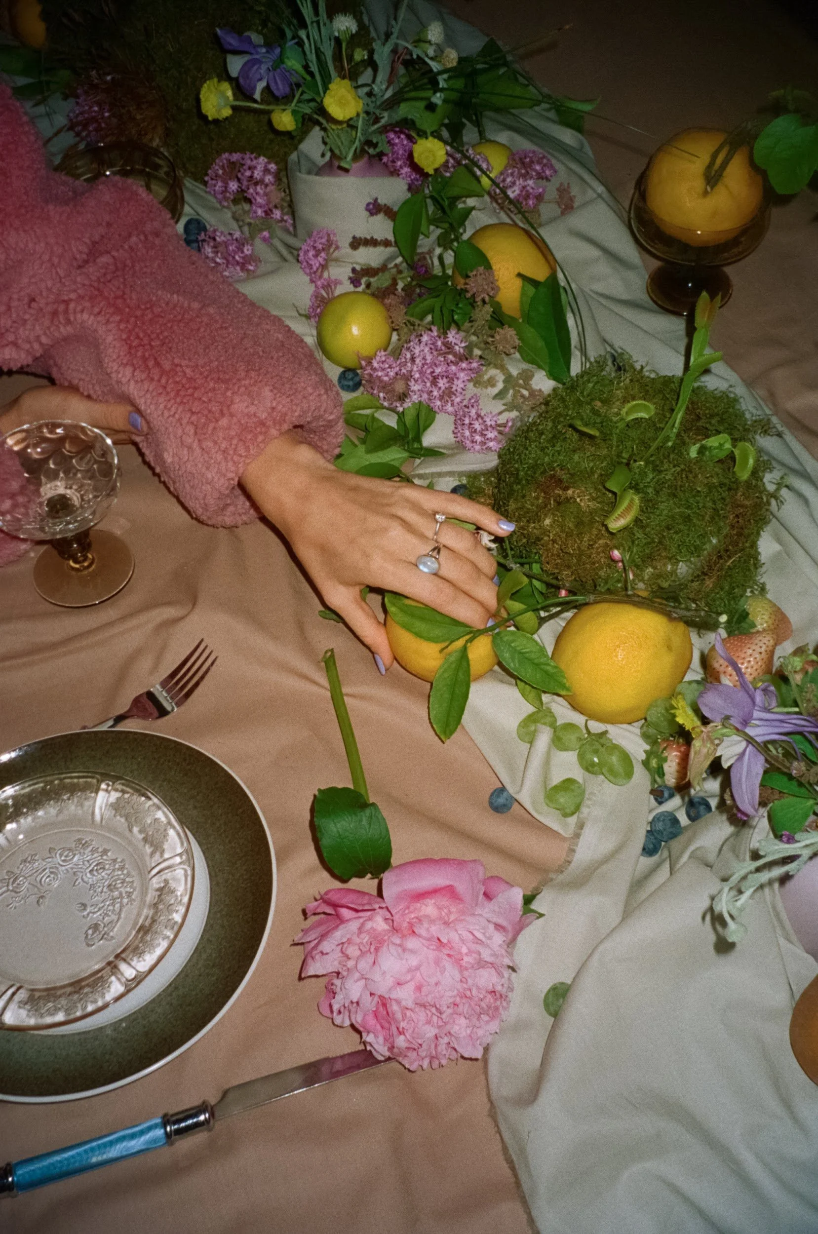 Styled table with flowers and fruit at Southern California event with Supermoon vinyl DJ.
