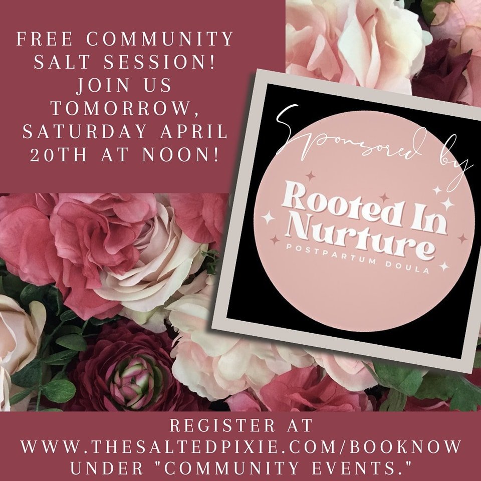 Have you been wanting to visit the salt cave? Tomorrow is your chance! Tammy from, Rooted In Nurture Postpartum Doula has generously sponsored a FREE community session tomorrow at noon. Spaces are limited, but you can reserve yours now at www.thesalt