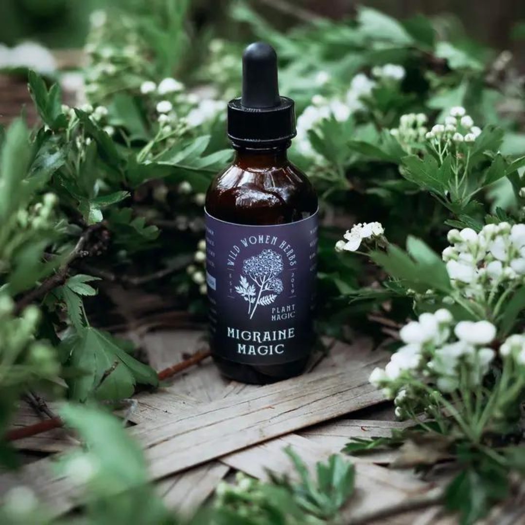 Product Spotlight: Migraine Magic 🧚✨

Wild Women Herbs formulated this elixir to specifically address both headache and migraine pains. This organic blend utilizes the natural salicylates found in the Willow Bark tree and combines them with other re