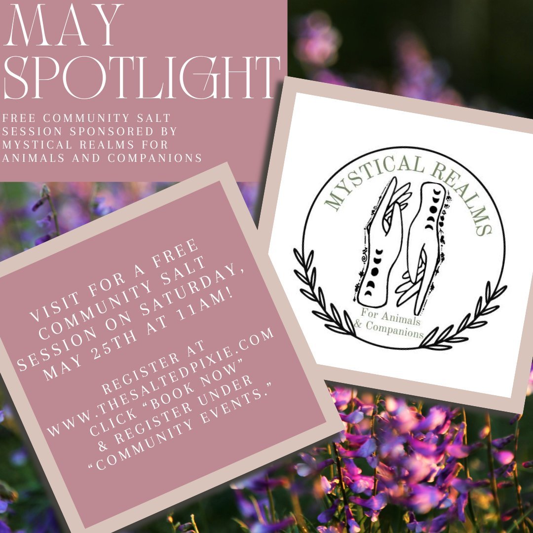 Hey, Pixie Clan! We want to give a special shout-out to this month's sponsor Mystical Realms for Animals &amp; Companions! 

Be sure to check out our other May businesses linked on our !ate approach to animal care through Animal Reiki, utilizing the 