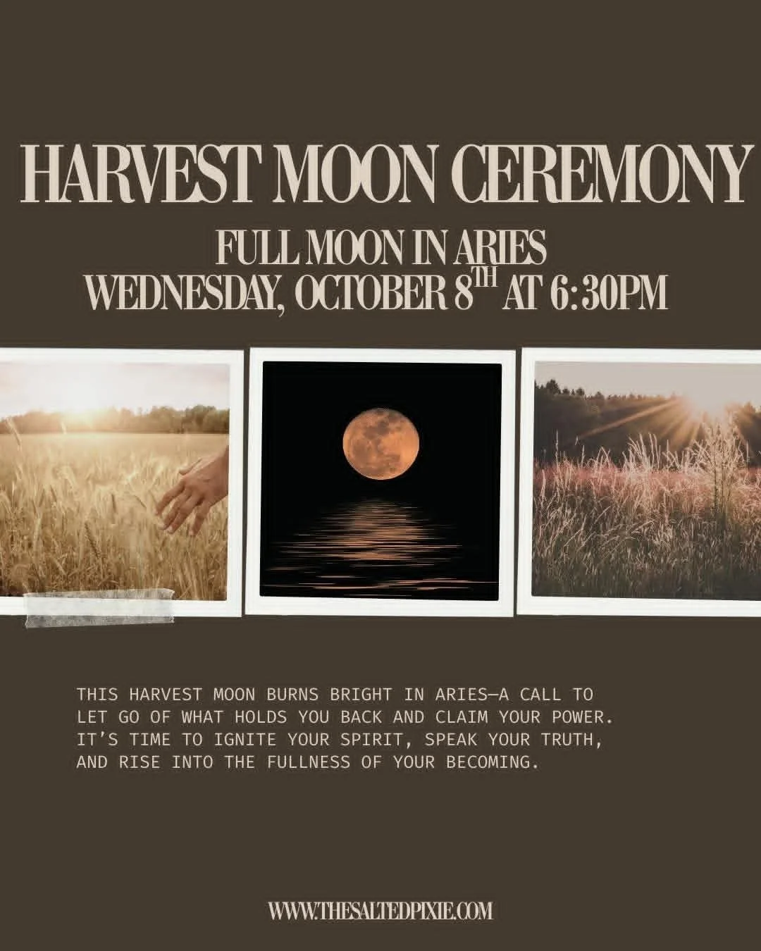 🌕 Harvest Moon Ceremony
Full Moon in Aries
Wednesday, October 8th at 6:30PM

This Harvest Moon burns bright in Aries &mdash; a call to let go of what holds you back and claim your power. It&rsquo;s time to ignite your spirit, speak your truth, and r