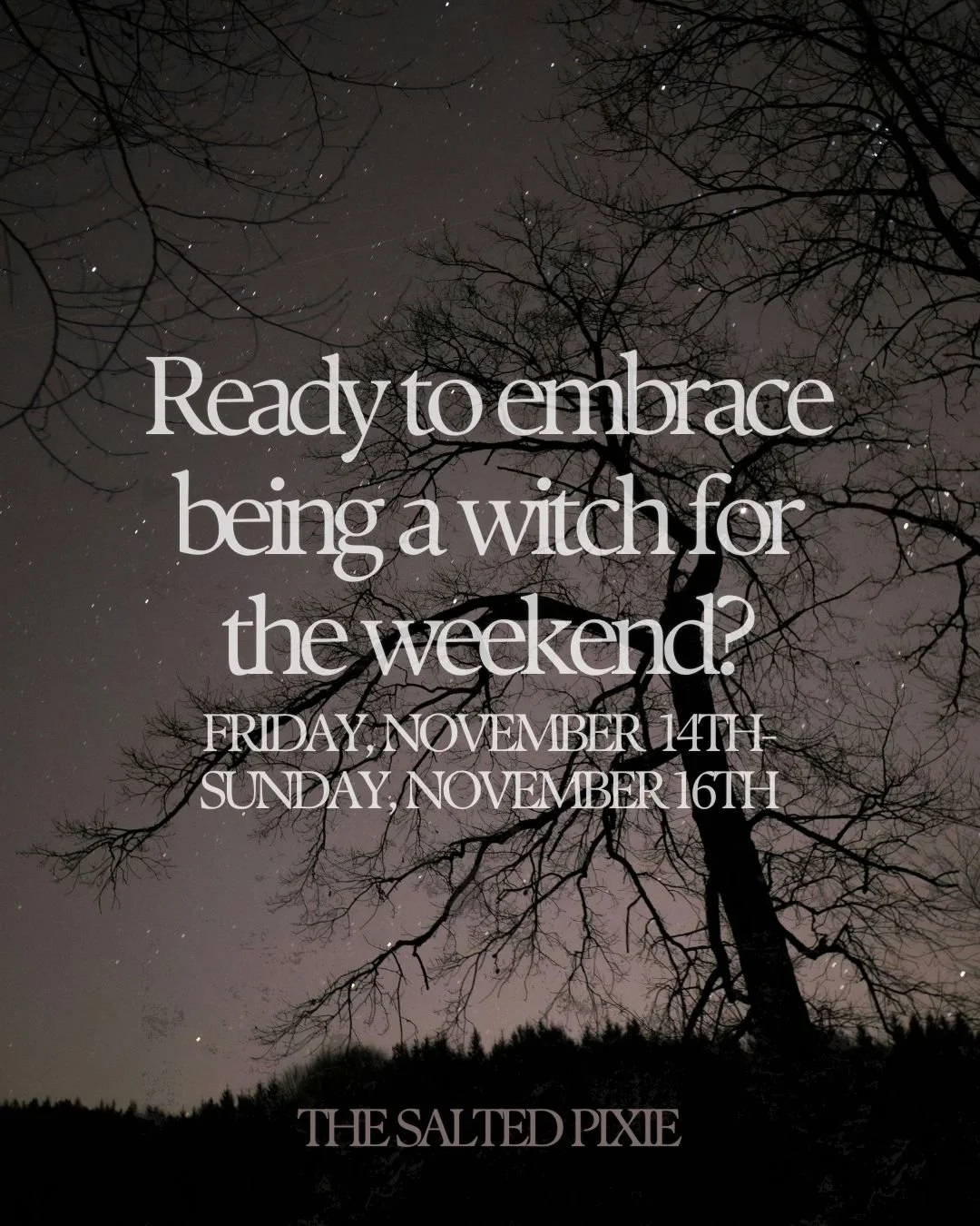 Songs of Root and Bone
A weekend of remembrance, ritual, and return.

Are you ready to embrace the witch within &mdash; the one whispering from deep beneath your skin, calling you home to your own knowing?

This November, we gather at the breathtakin